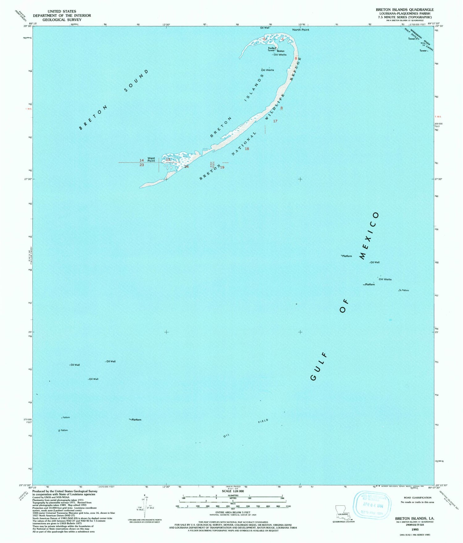 Classic USGS Breton Islands Louisiana 7.5'x7.5' Topo Map Image