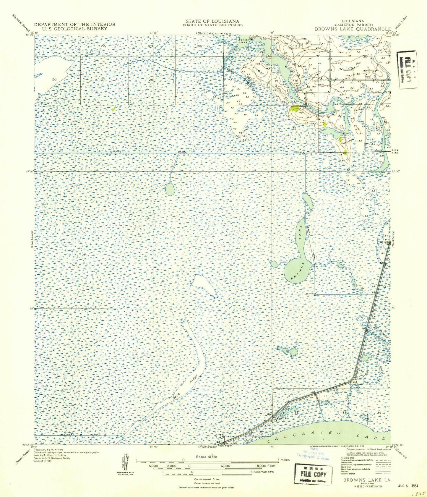 Classic USGS Browns Lake Louisiana 7.5'x7.5' Topo Map Image