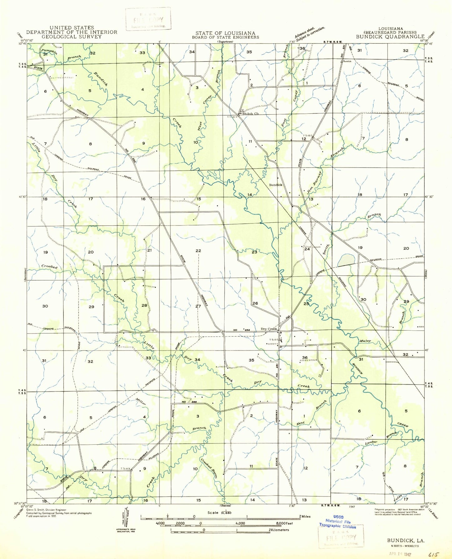 Classic USGS Dry Creek Louisiana 7.5'x7.5' Topo Map Image