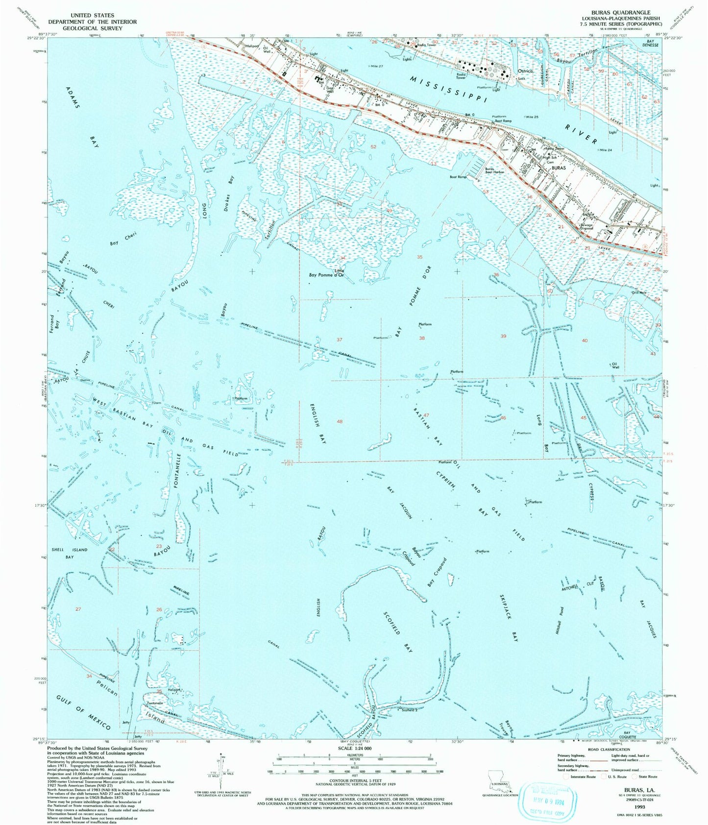 Classic USGS Buras Louisiana 7.5'x7.5' Topo Map Image