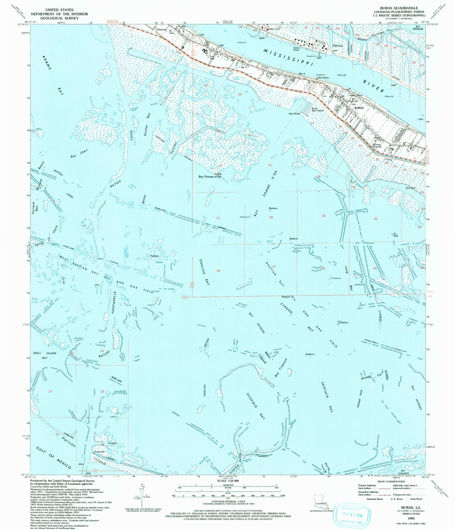 Classic USGS Buras Louisiana 7.5'x7.5' Topo Map Image