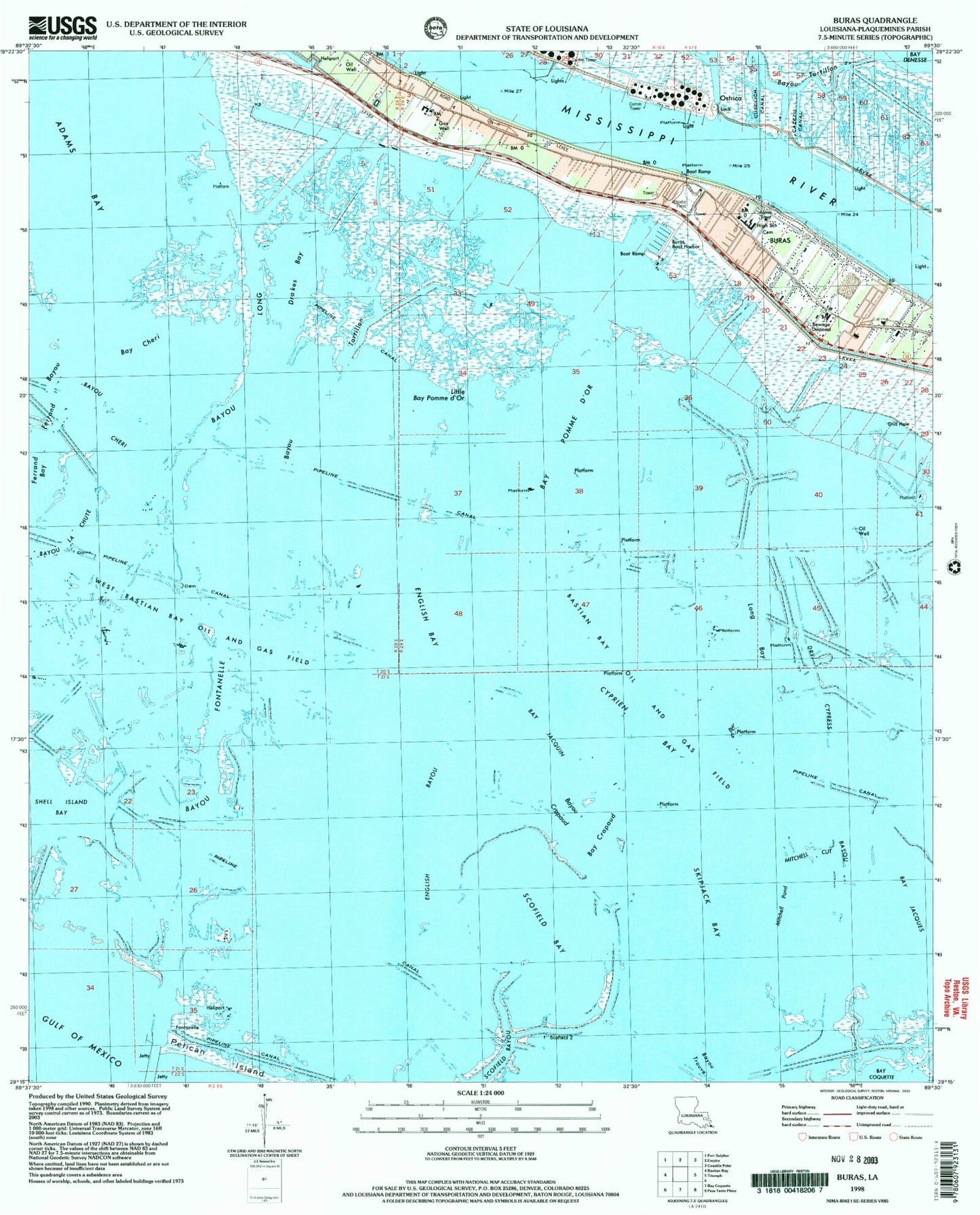 Classic USGS Buras Louisiana 7.5'x7.5' Topo Map Image