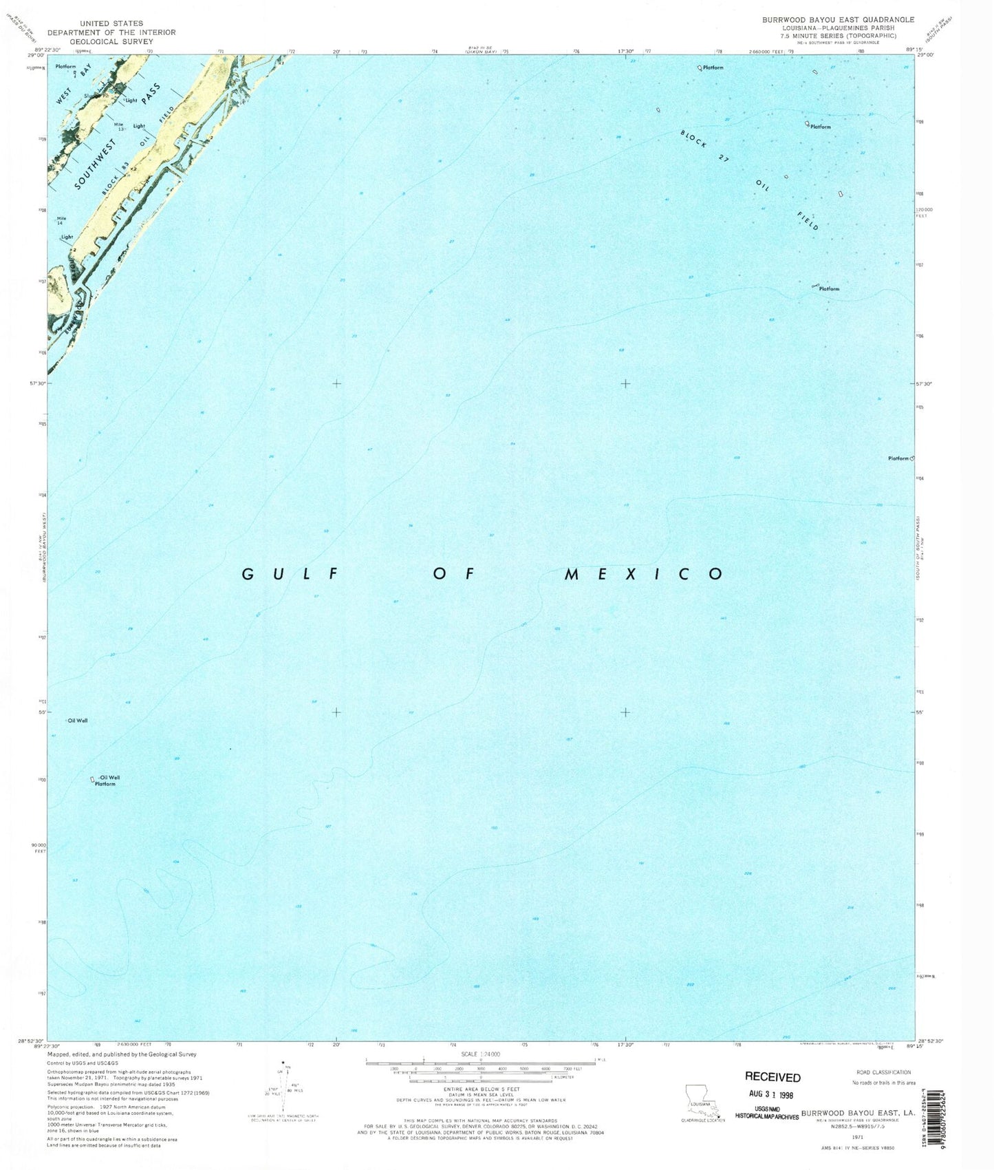 Classic USGS Burrwood Bayou East Louisiana 7.5'x7.5' Topo Map Image