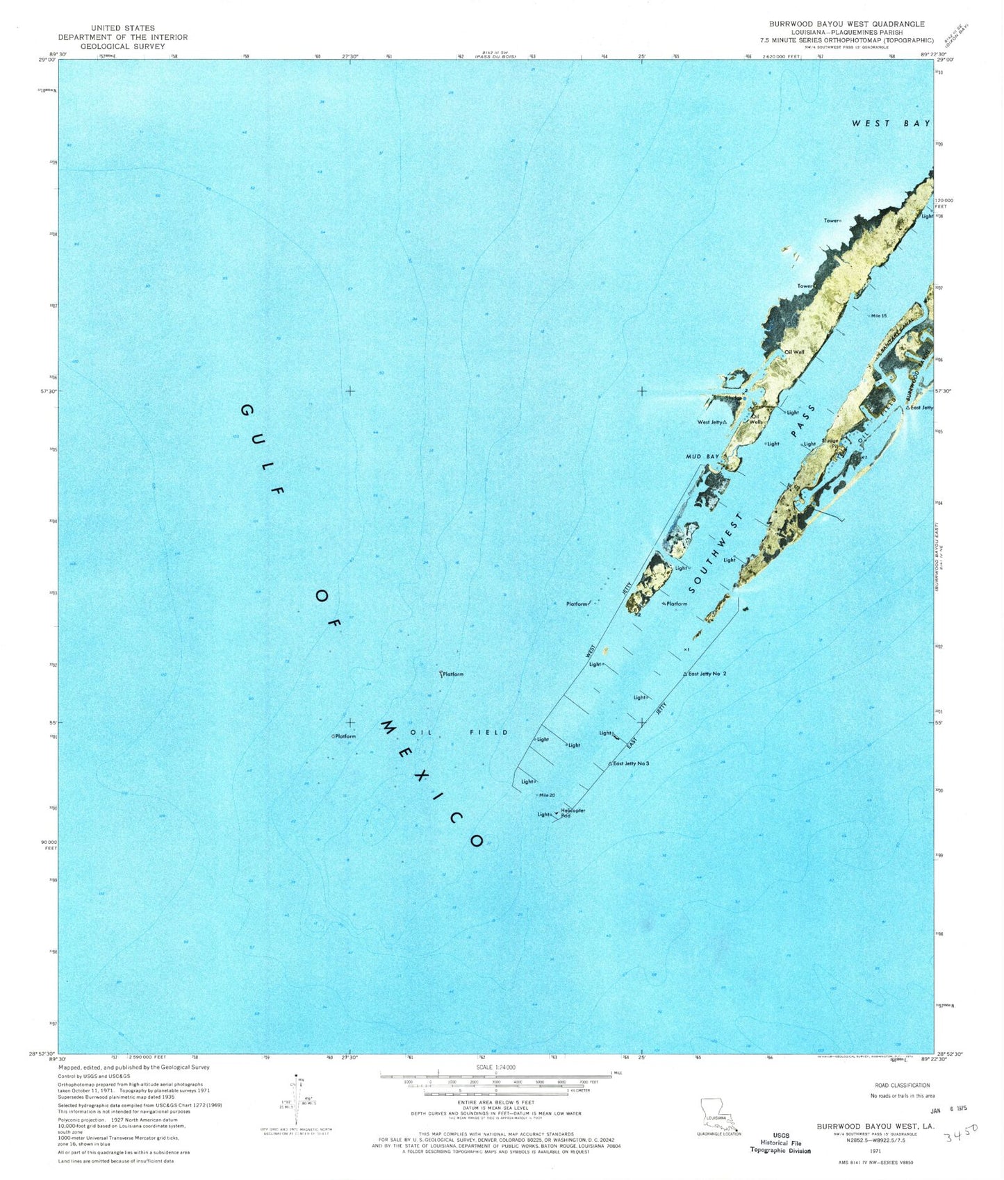 Classic USGS Burrwood Bayou West Louisiana 7.5'x7.5' Topo Map Image
