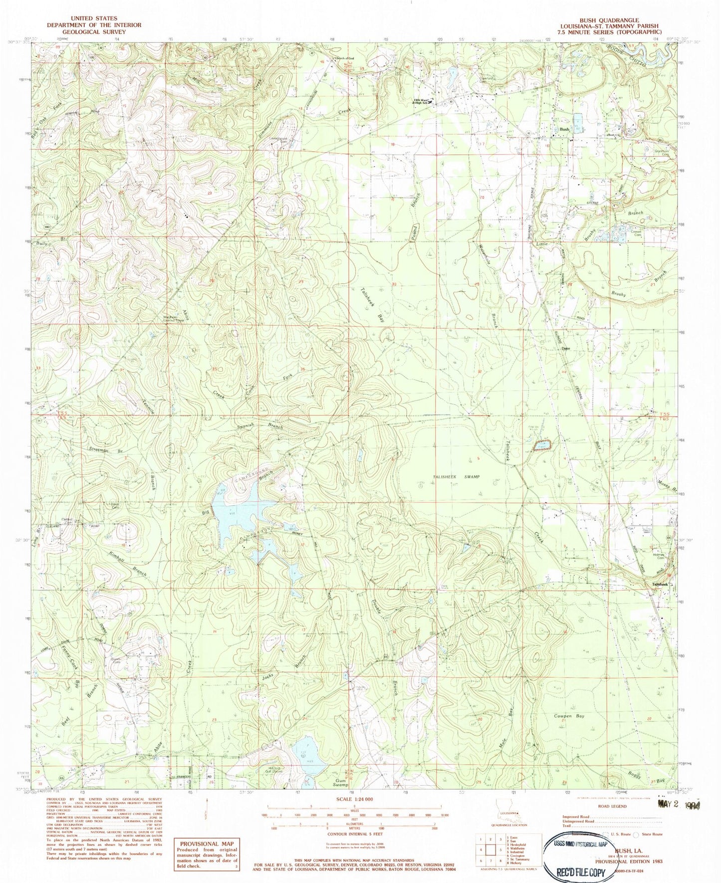 Classic USGS Bush Louisiana 7.5'x7.5' Topo Map Image