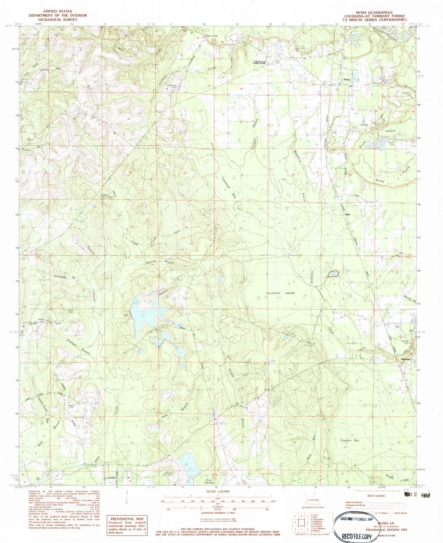 Classic USGS Bush Louisiana 7.5'x7.5' Topo Map Image