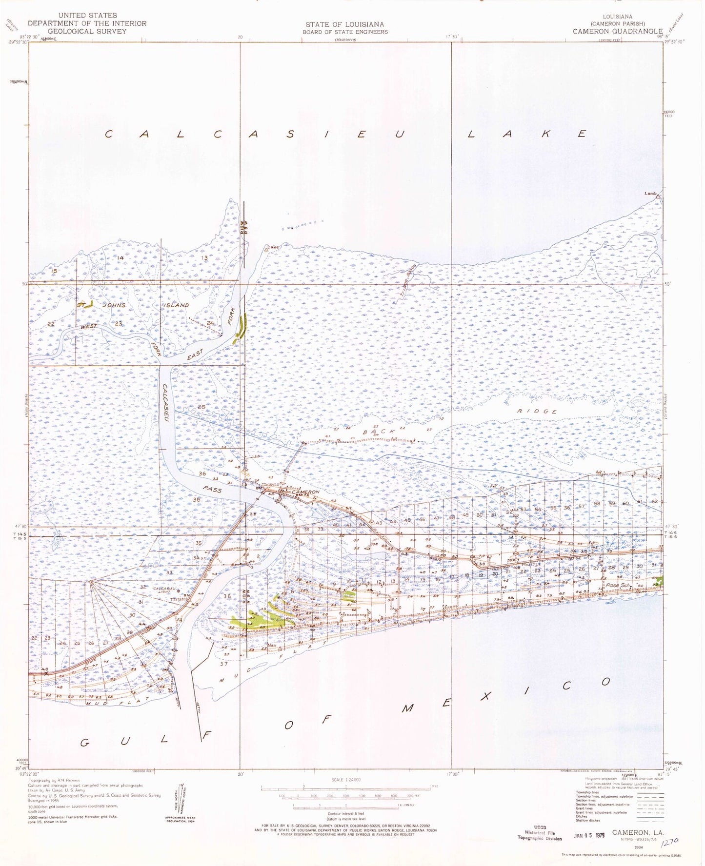 Classic USGS Cameron Louisiana 7.5'x7.5' Topo Map Image
