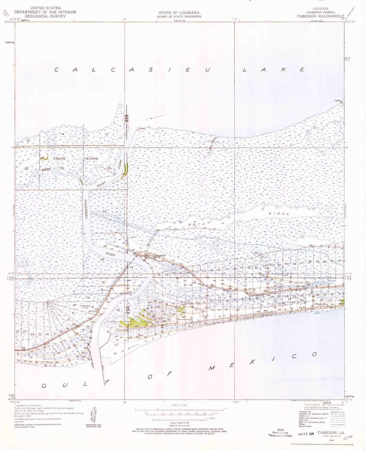 Classic USGS Cameron Louisiana 7.5'x7.5' Topo Map Image