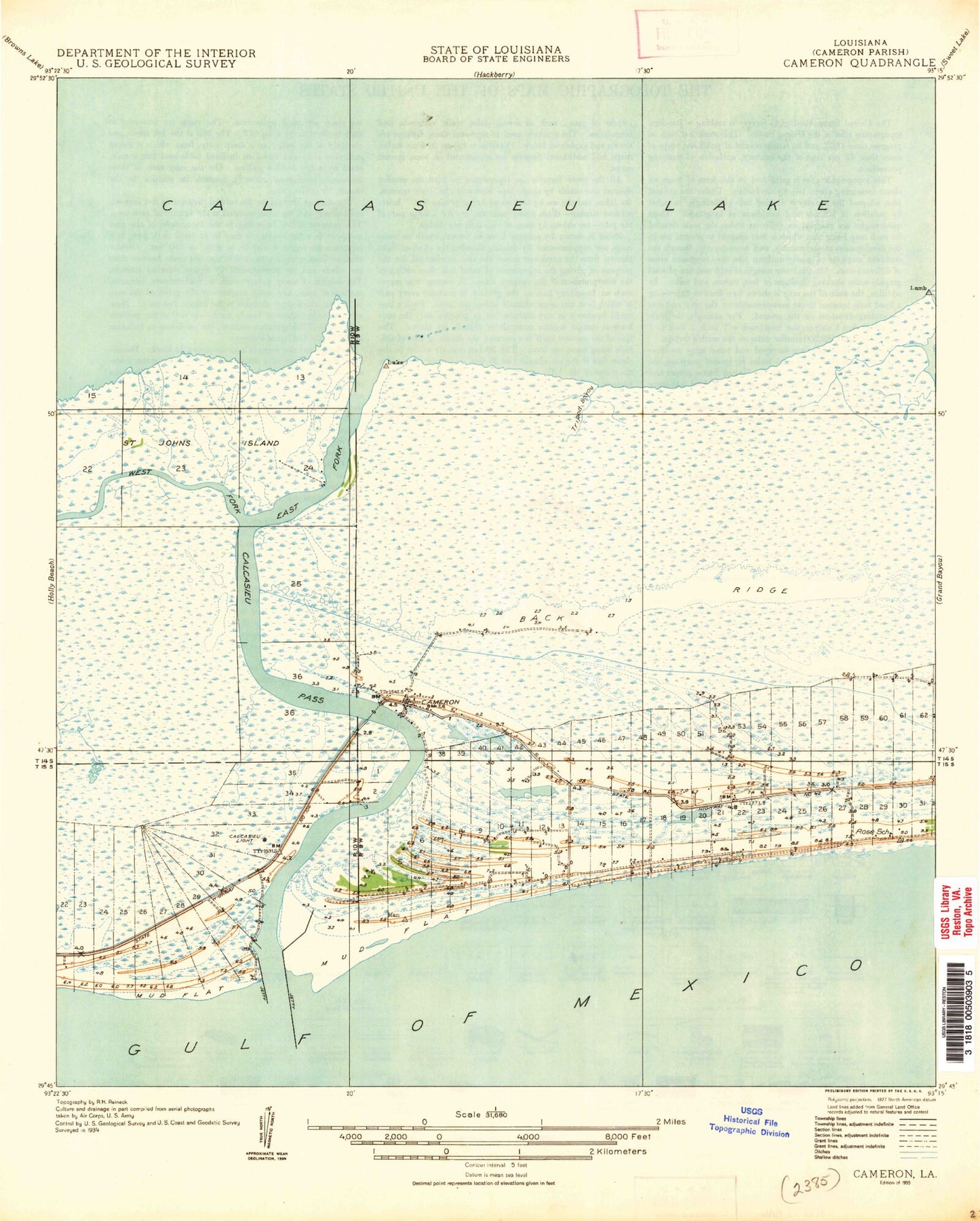 Classic USGS Cameron Louisiana 7.5'x7.5' Topo Map Image