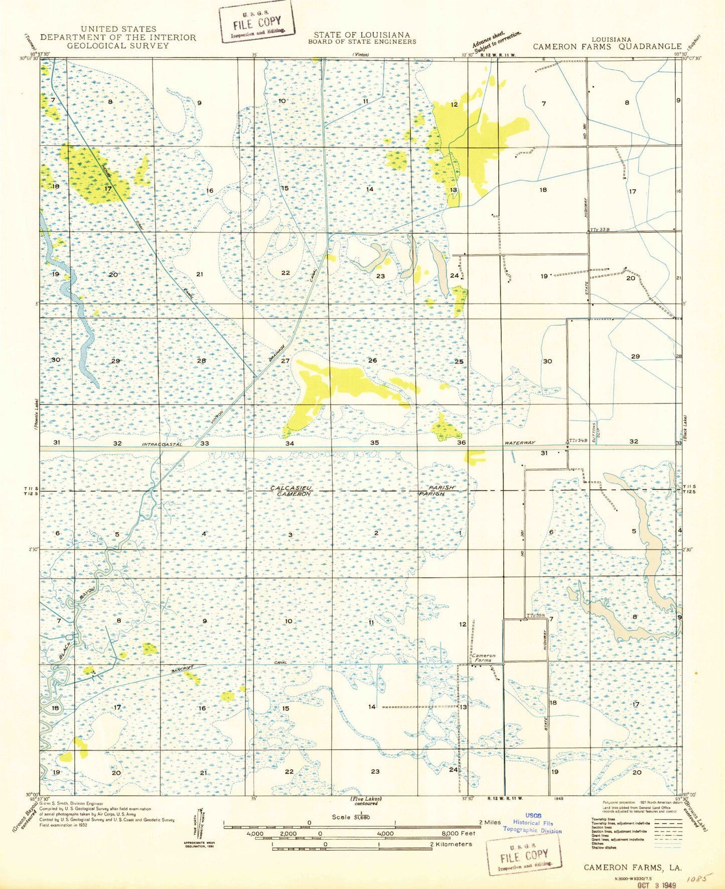 Classic USGS Cameron Farms Louisiana 7.5'x7.5' Topo Map Image
