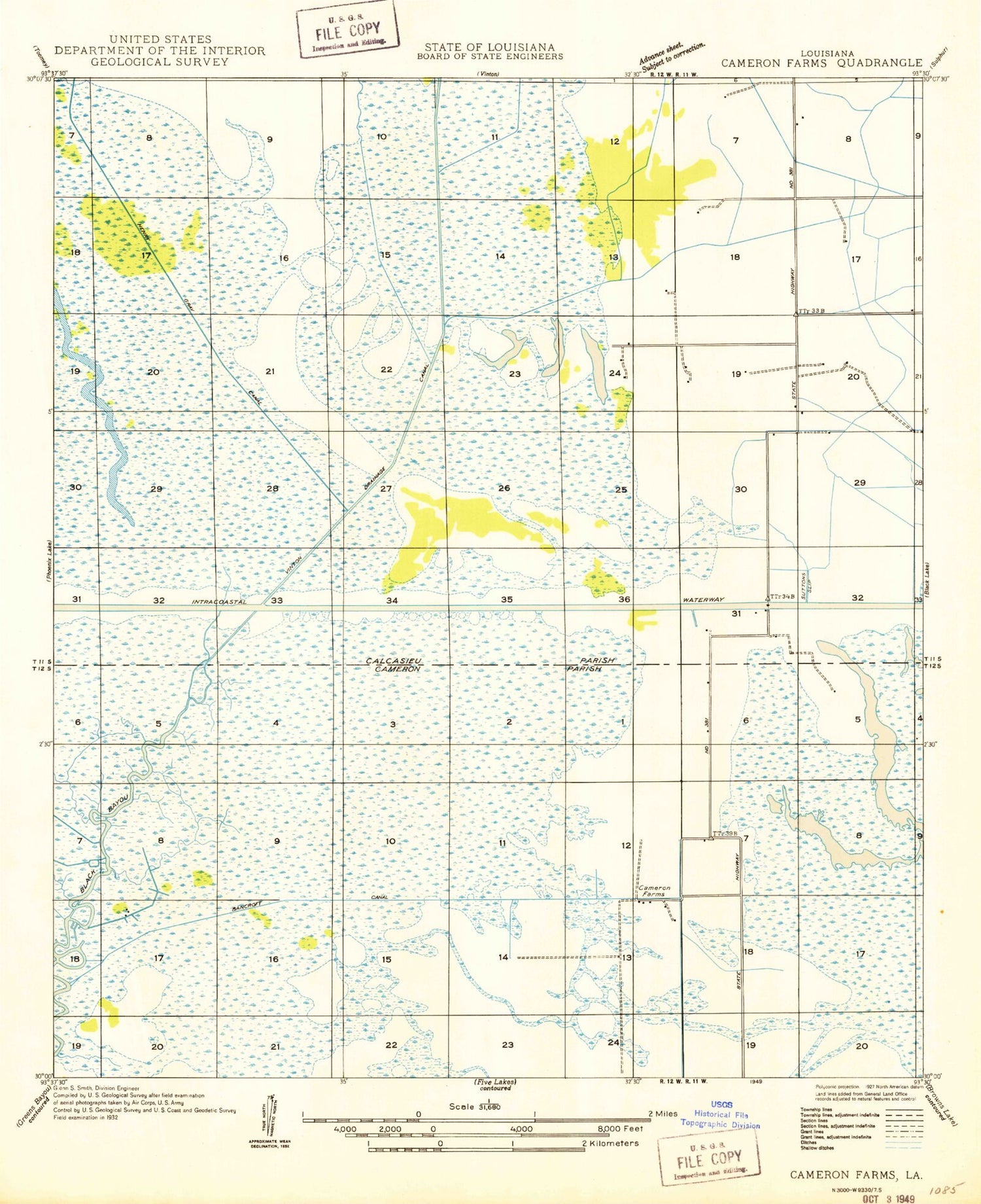 Classic USGS Cameron Farms Louisiana 7.5'x7.5' Topo Map Image
