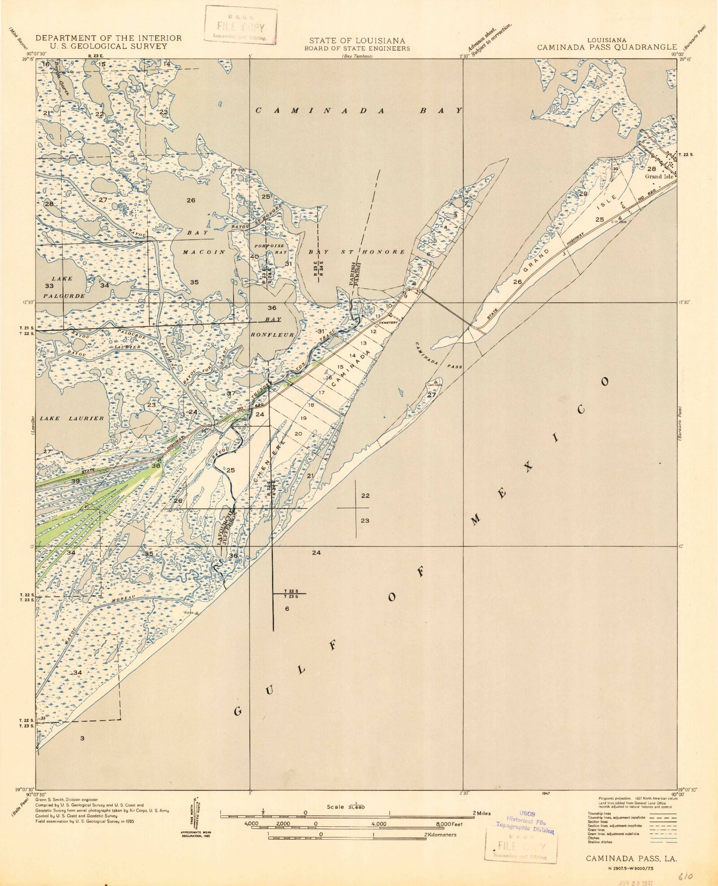 Classic USGS Caminada Pass Louisiana 7.5'x7.5' Topo Map Image