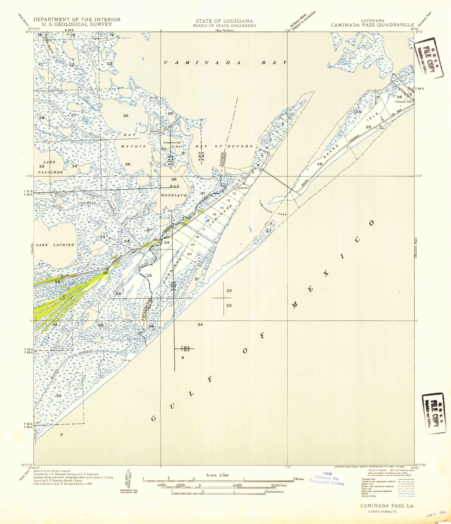 Classic USGS Caminada Pass Louisiana 7.5'x7.5' Topo Map Image