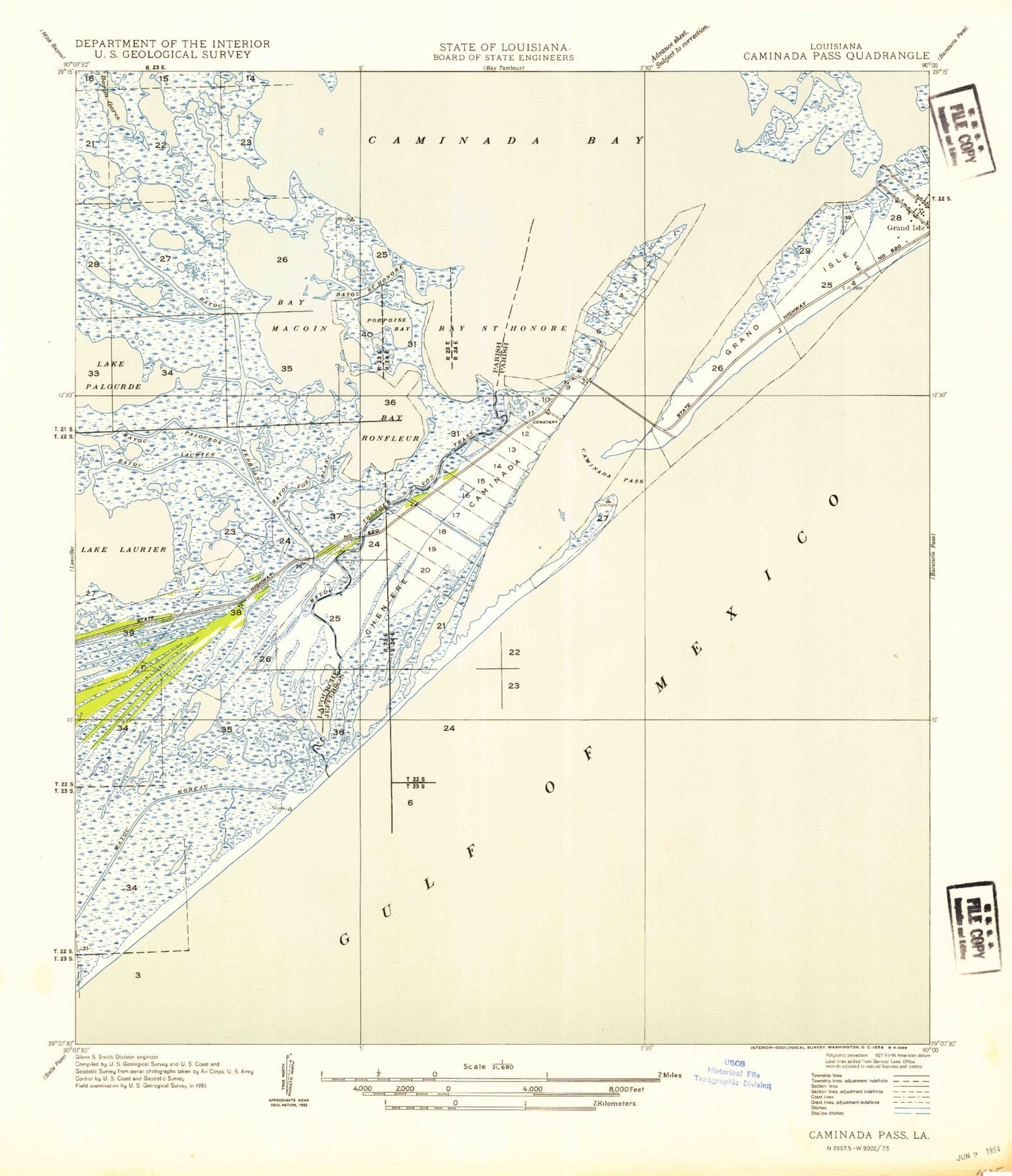 Classic USGS Caminada Pass Louisiana 7.5'x7.5' Topo Map Image