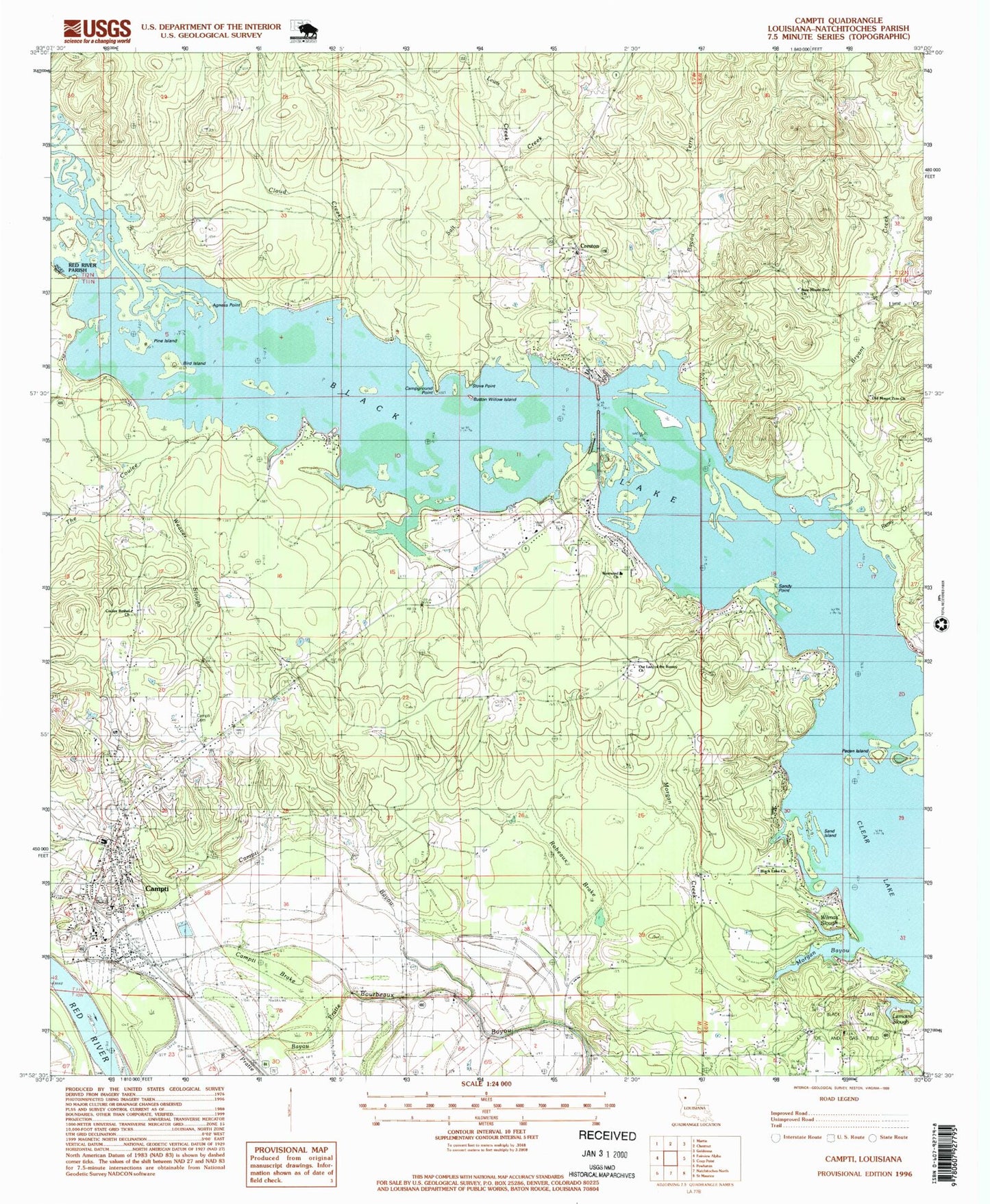 Classic USGS Campti Louisiana 7.5'x7.5' Topo Map Image