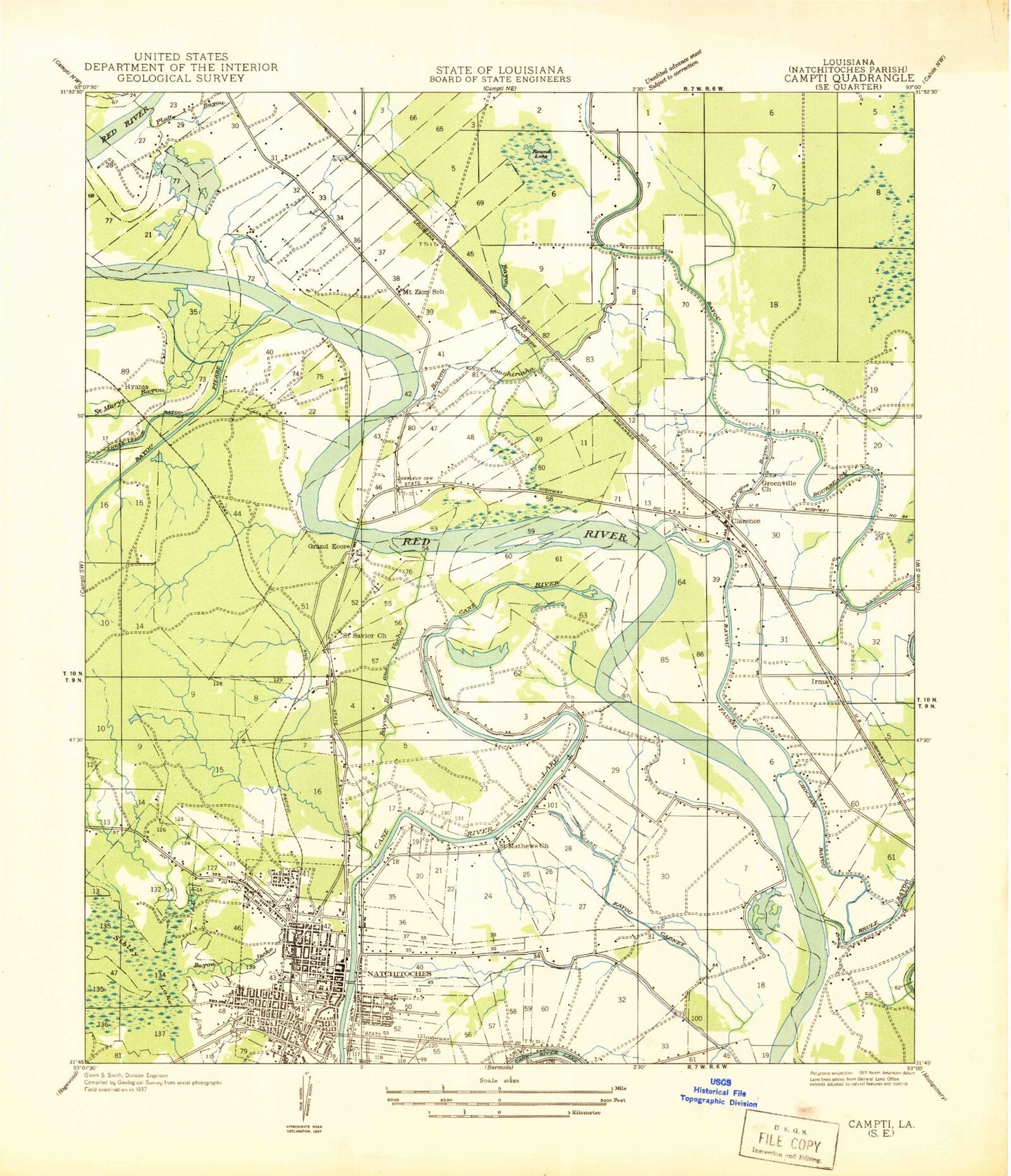 Classic USGS Natchitoches North Louisiana 7.5'x7.5' Topo Map Image