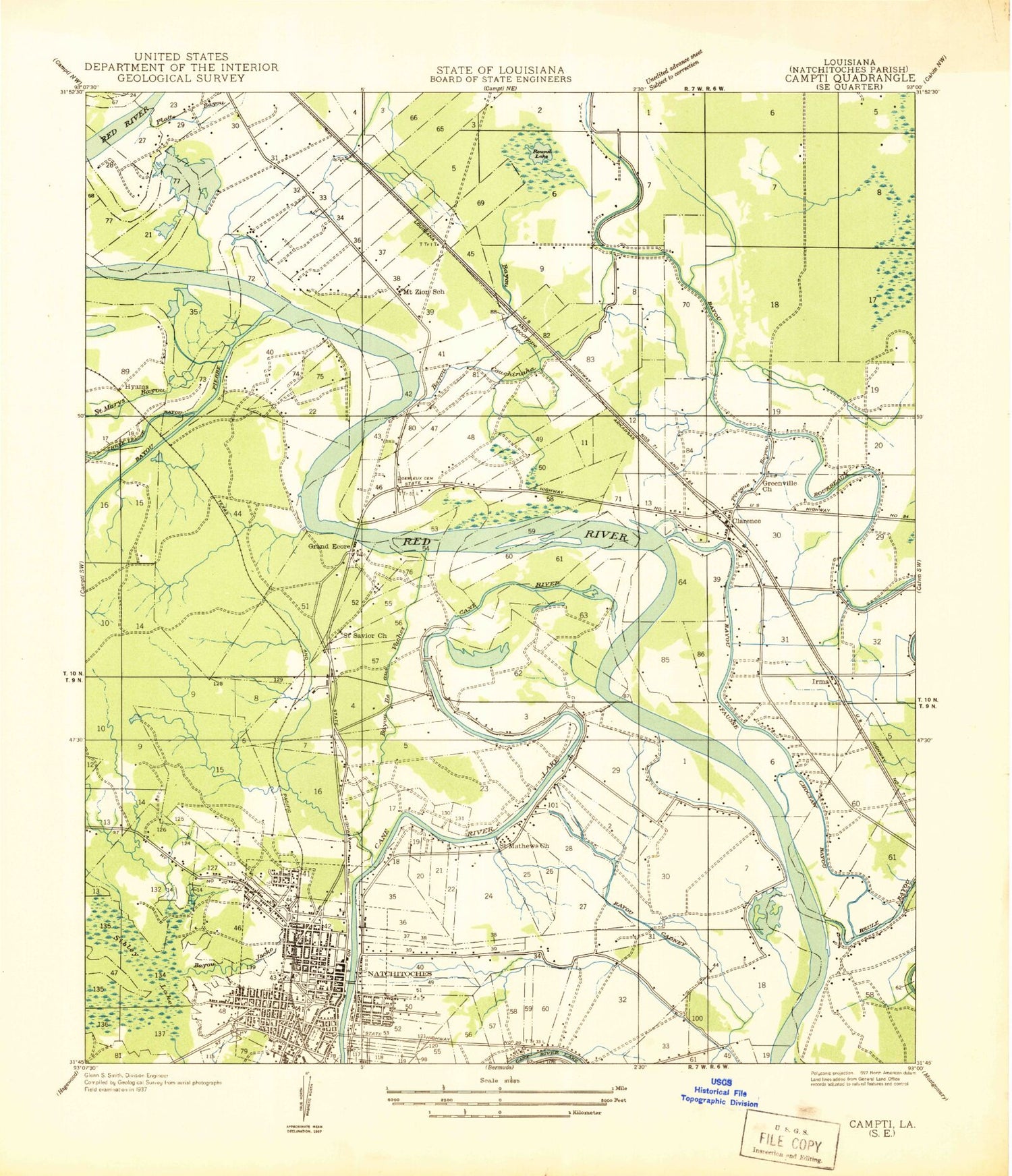 Classic USGS Natchitoches North Louisiana 7.5'x7.5' Topo Map Image