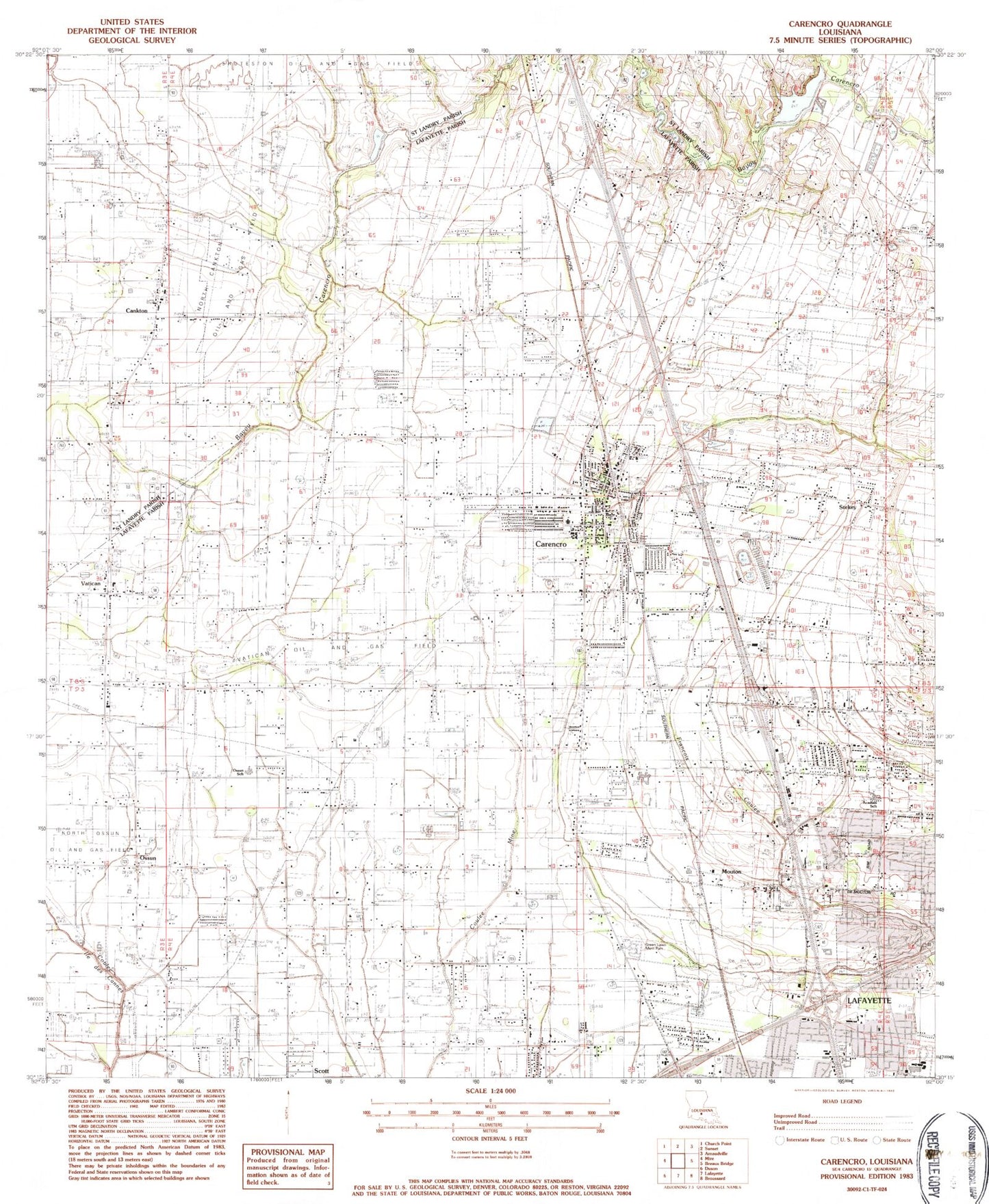 Classic USGS Carencro Louisiana 7.5'x7.5' Topo Map Image