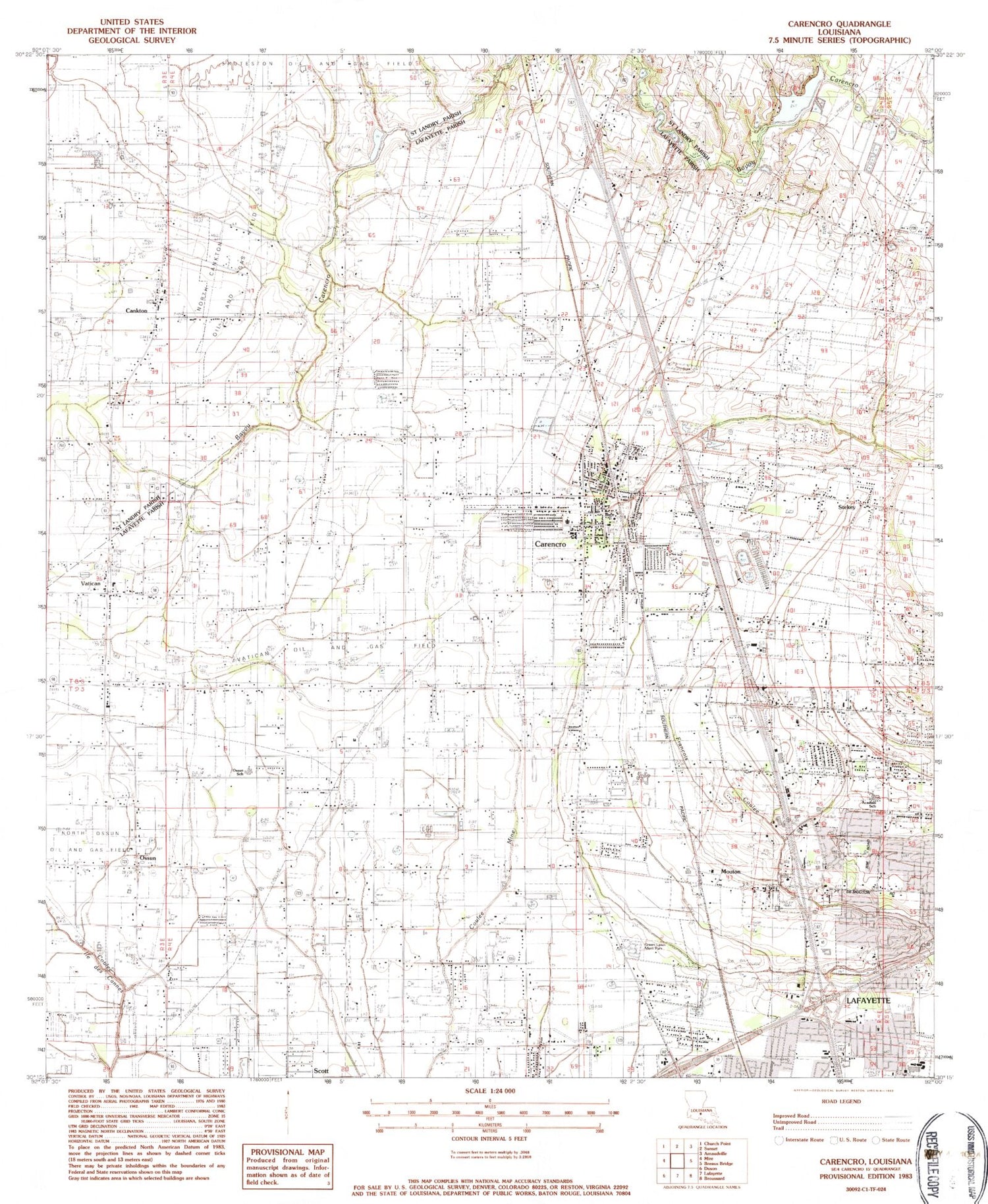 Classic USGS Carencro Louisiana 7.5'x7.5' Topo Map Image