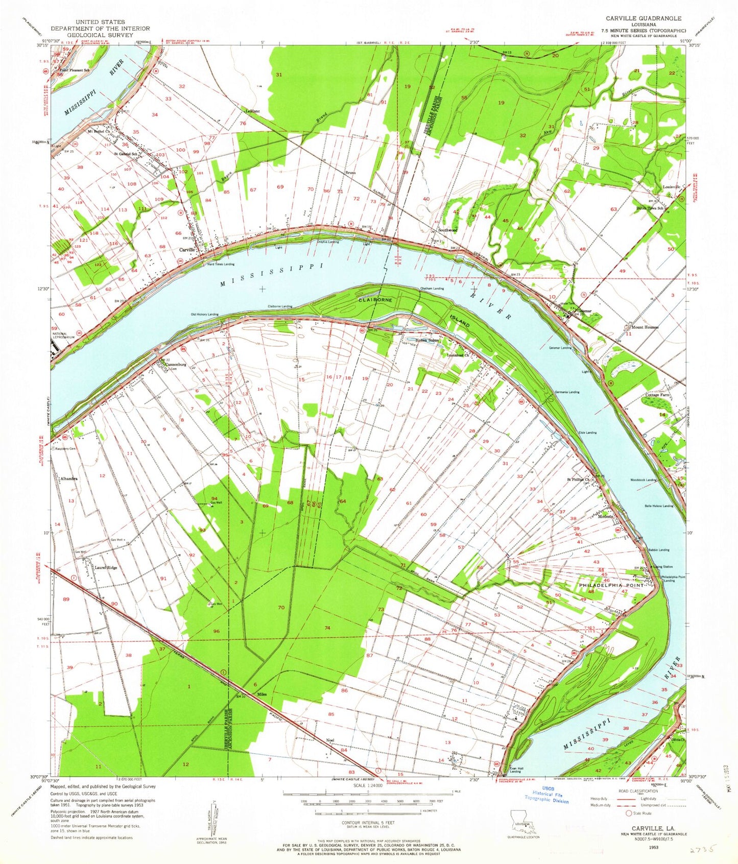Classic USGS Carville Louisiana 7.5'x7.5' Topo Map Image