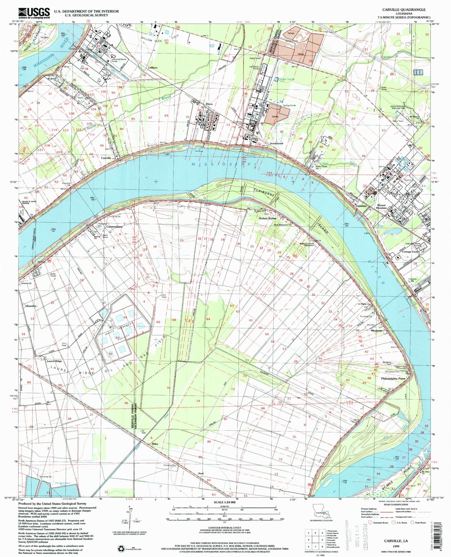 Classic USGS Carville Louisiana 7.5'x7.5' Topo Map Image