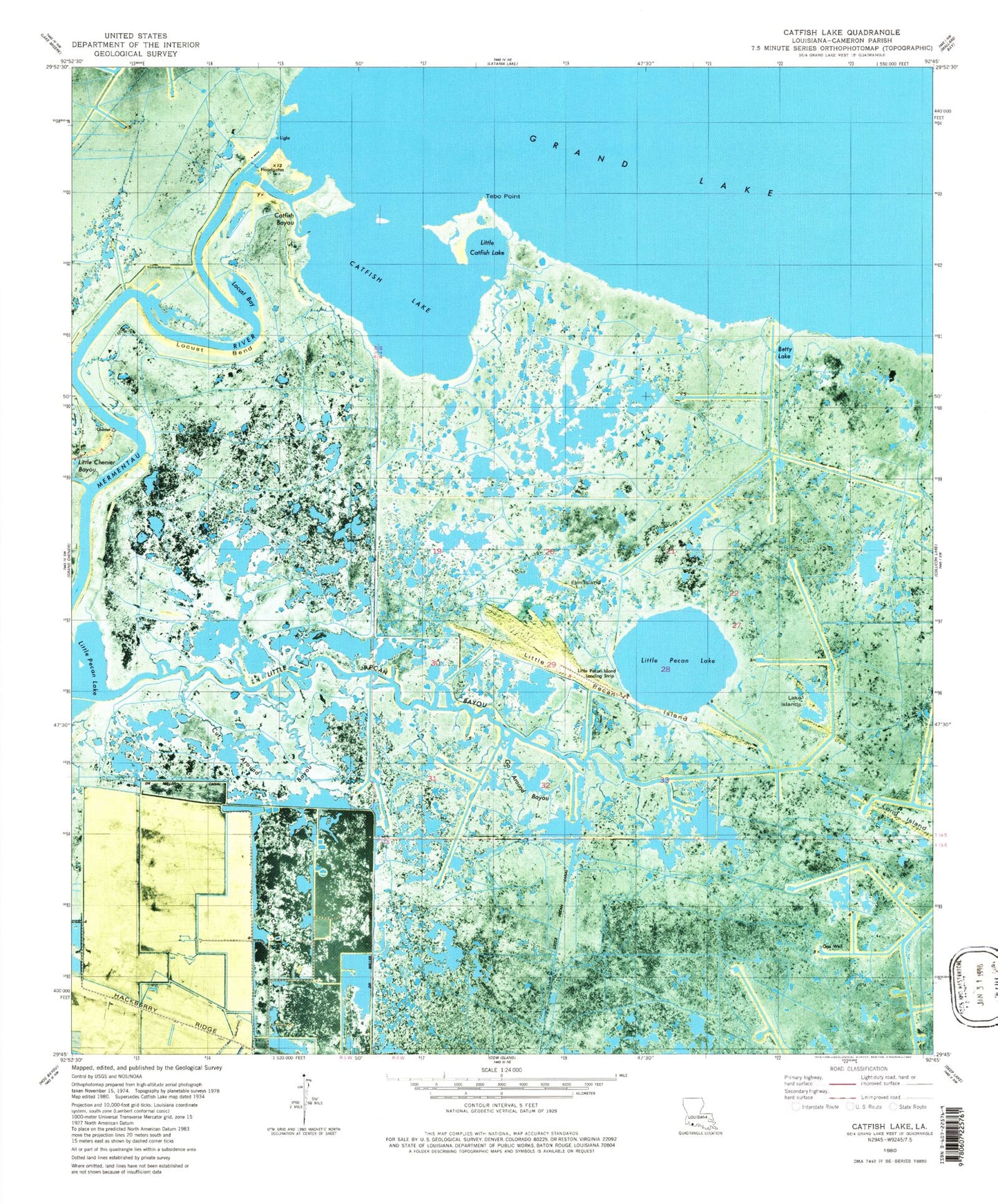 Classic USGS Catfish Lake Louisiana 7.5'x7.5' Topo Map Image