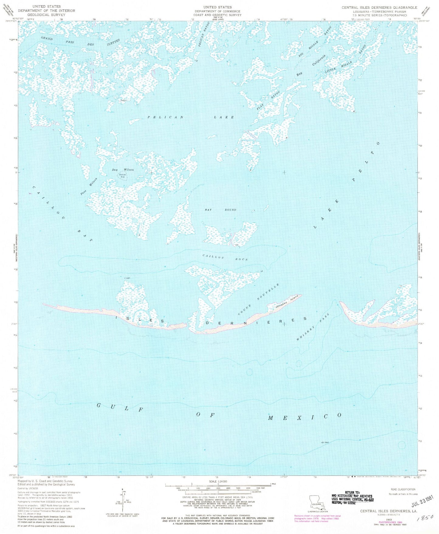 Classic USGS Central Isles Dernieres Louisiana 7.5'x7.5' Topo Map Image