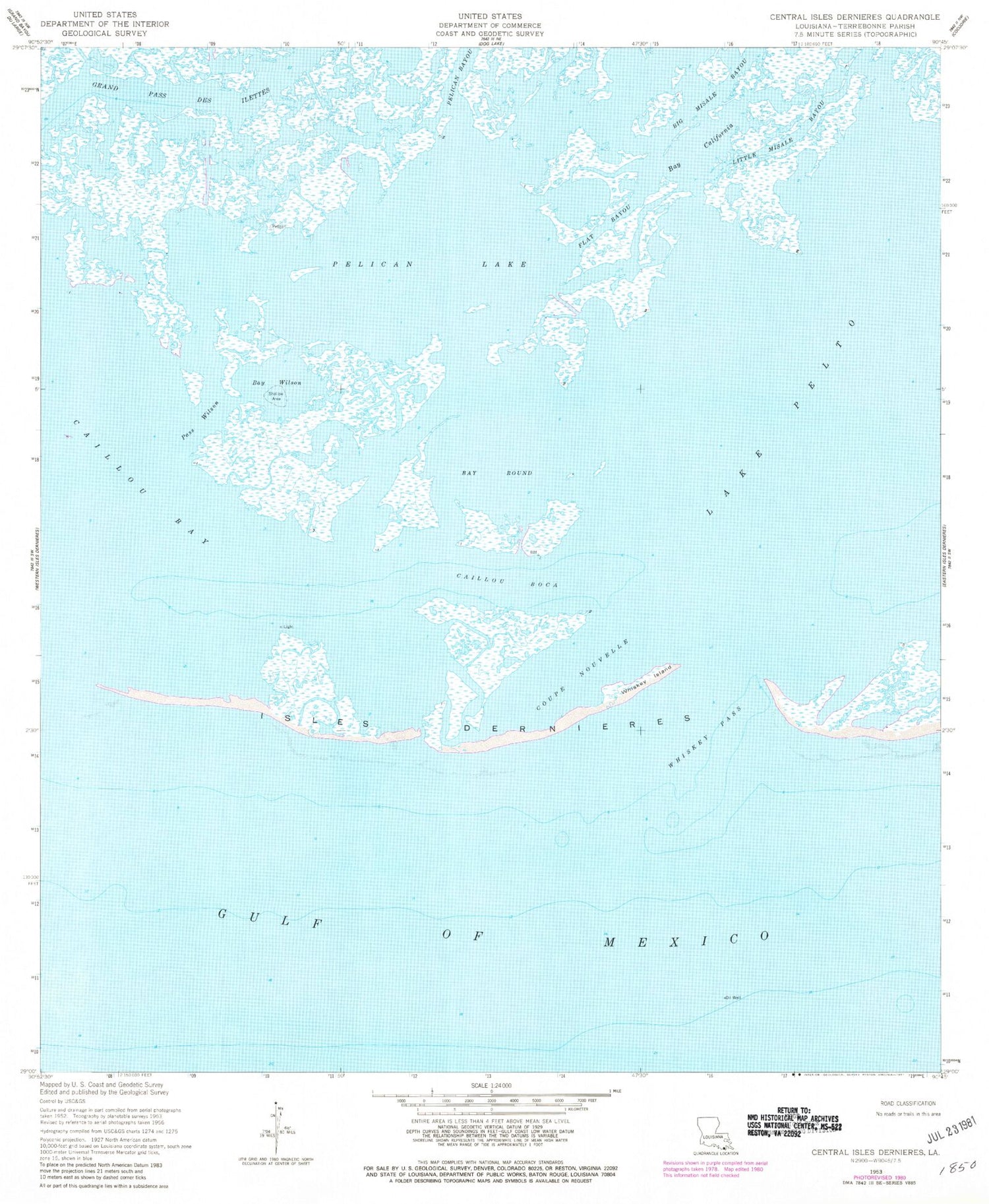 Classic USGS Central Isles Dernieres Louisiana 7.5'x7.5' Topo Map Image