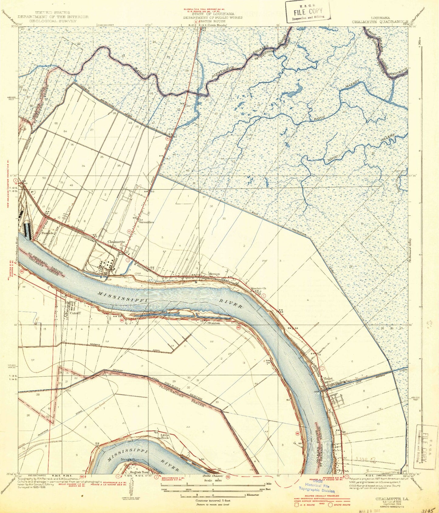 Classic USGS Chalmette Louisiana 7.5'x7.5' Topo Map Image