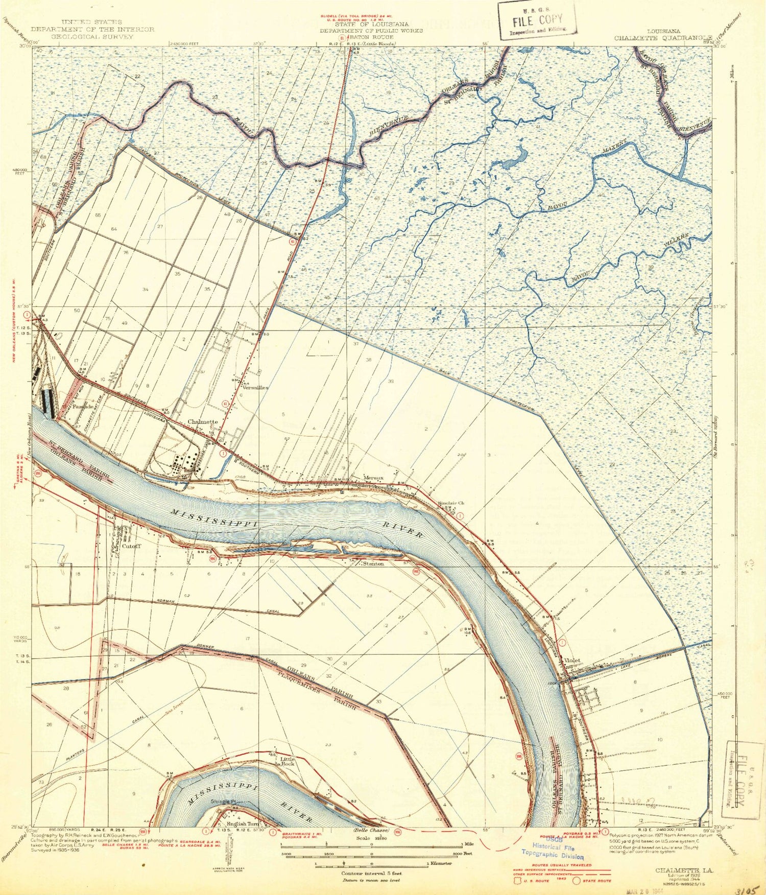 Classic USGS Chalmette Louisiana 7.5'x7.5' Topo Map Image