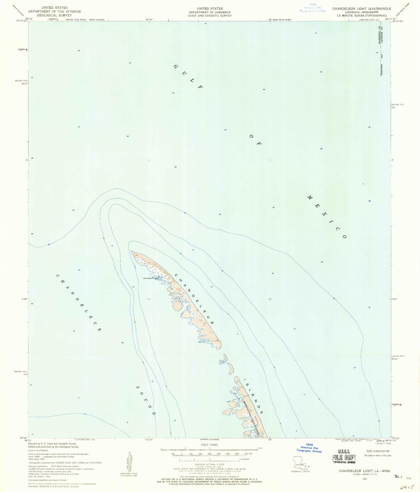 Classic USGS Chandeleur Light Louisiana 7.5'x7.5' Topo Map Image