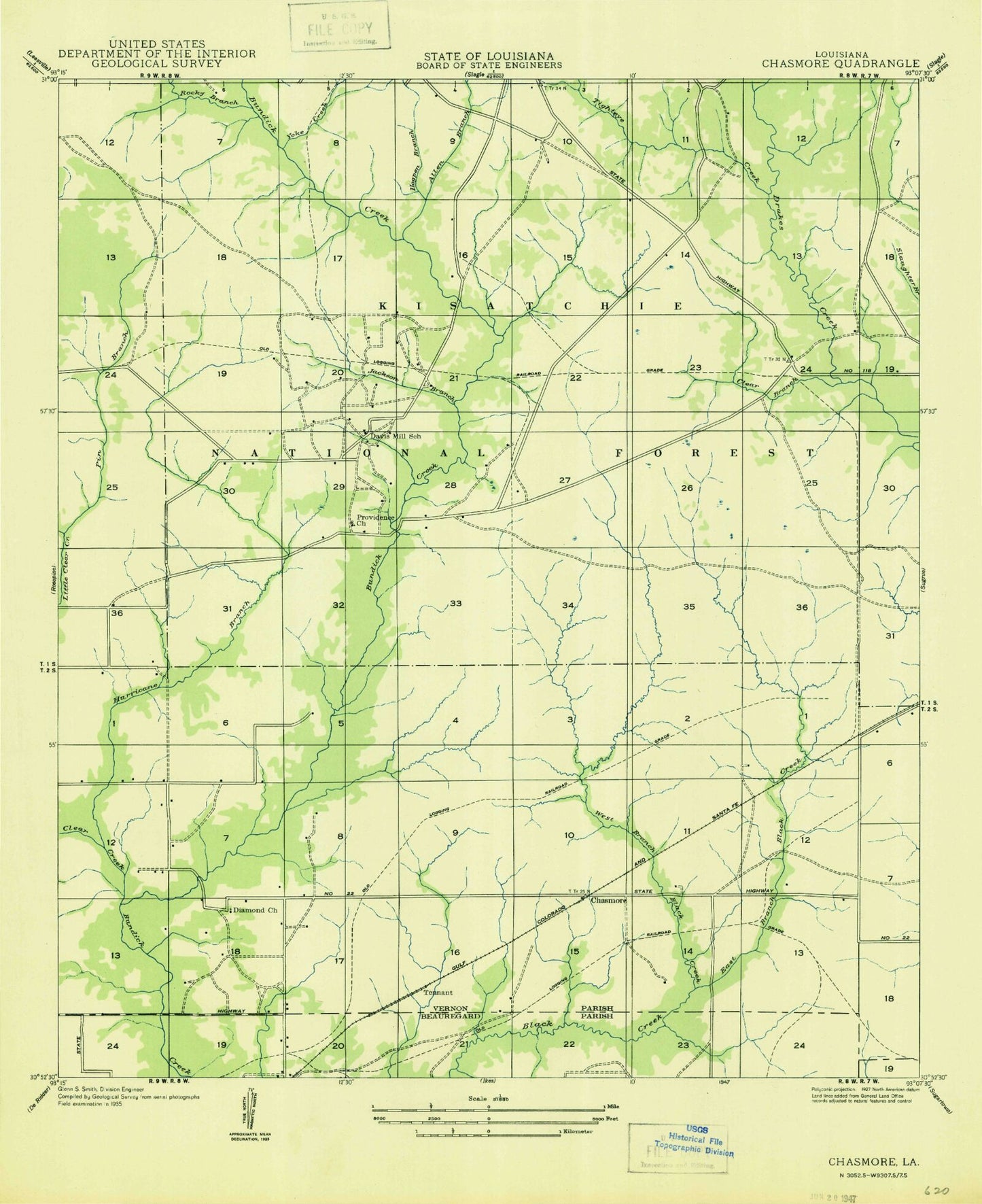 Classic USGS Hurricane Branch Louisiana 7.5'x7.5' Topo Map Image
