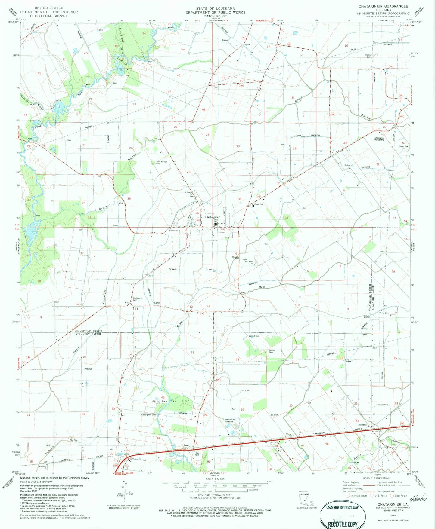 Classic USGS Chataignier Louisiana 7.5'x7.5' Topo Map Image