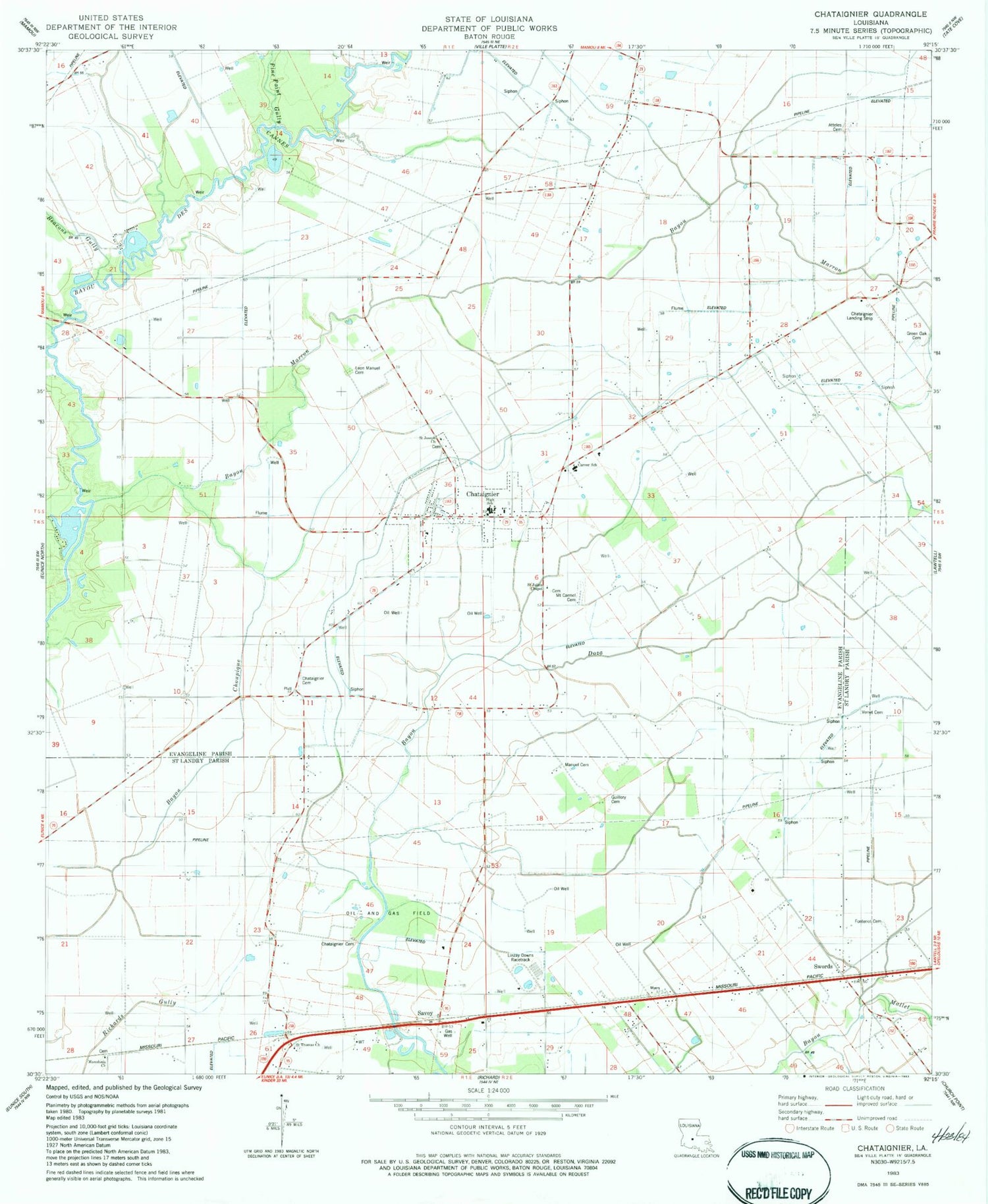 Classic USGS Chataignier Louisiana 7.5'x7.5' Topo Map Image
