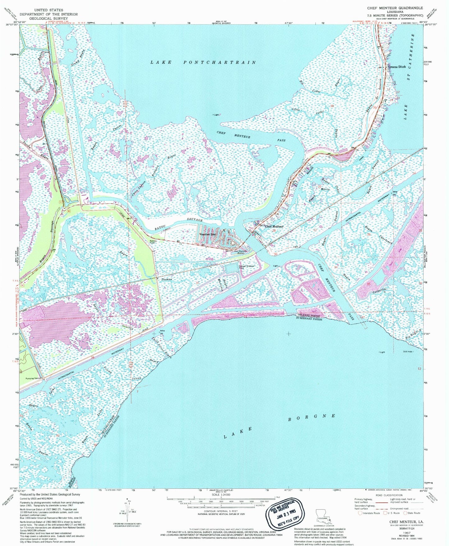 Classic USGS Chef Menteur Louisiana 7.5'x7.5' Topo Map Image