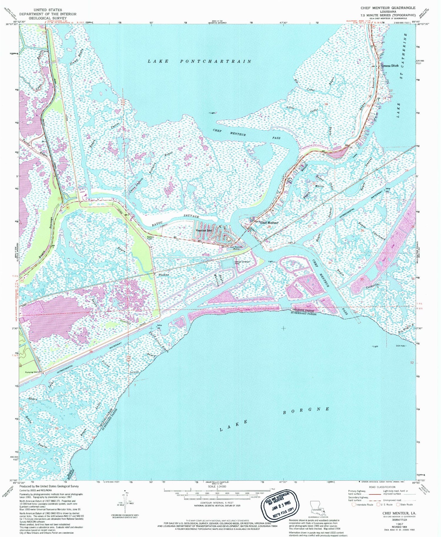Classic USGS Chef Menteur Louisiana 7.5'x7.5' Topo Map Image