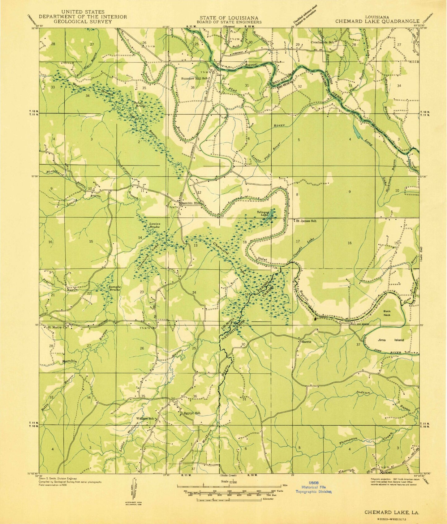 Classic USGS Evelyn Louisiana 7.5'x7.5' Topo Map Image