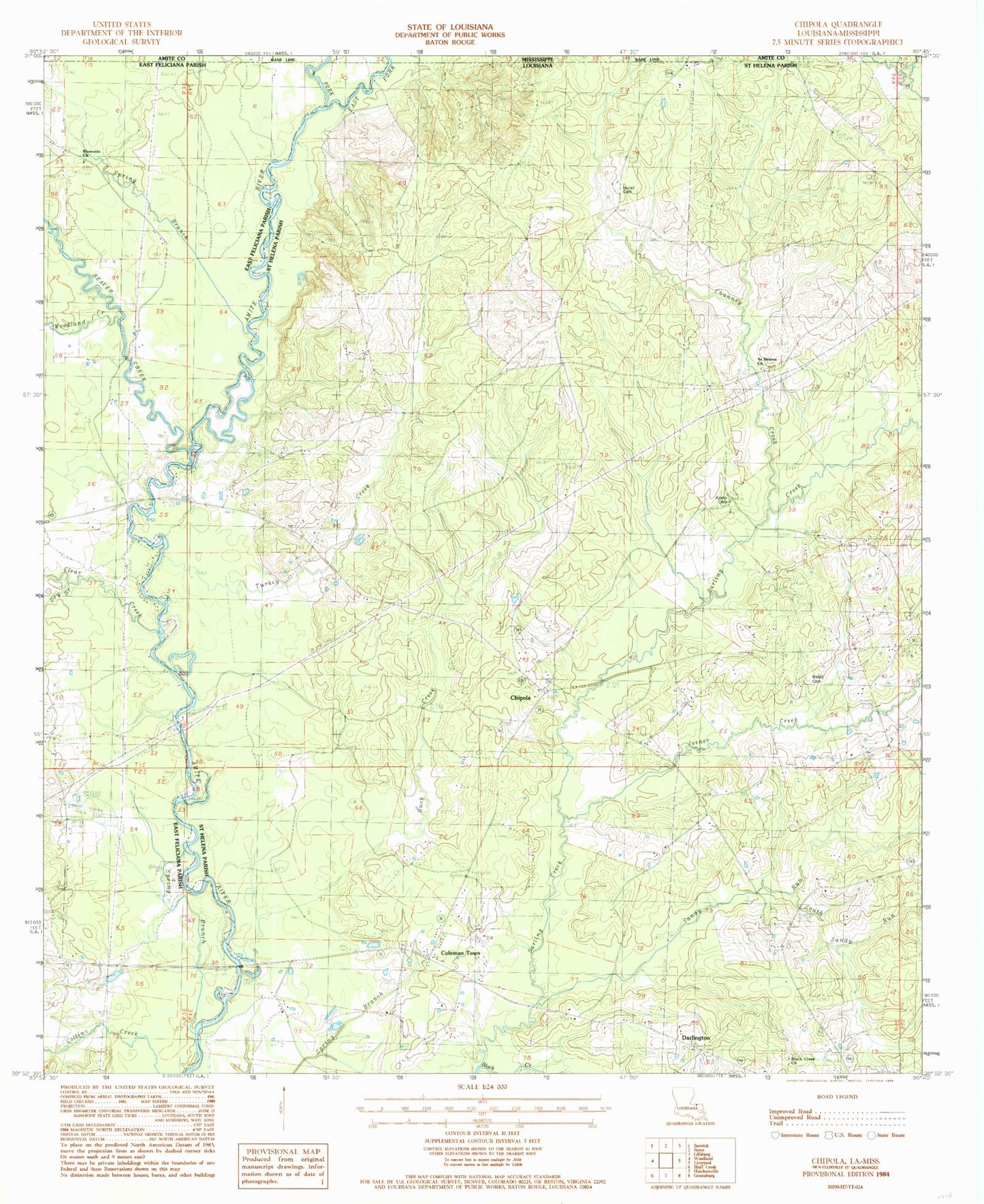 Classic USGS Chipola Louisiana 7.5'x7.5' Topo Map Image