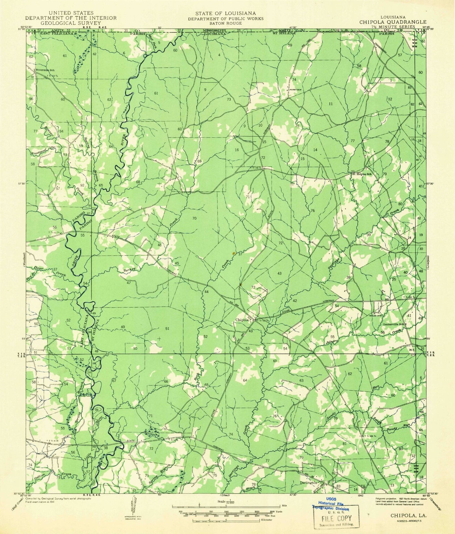 Classic USGS Chipola Louisiana 7.5'x7.5' Topo Map Image