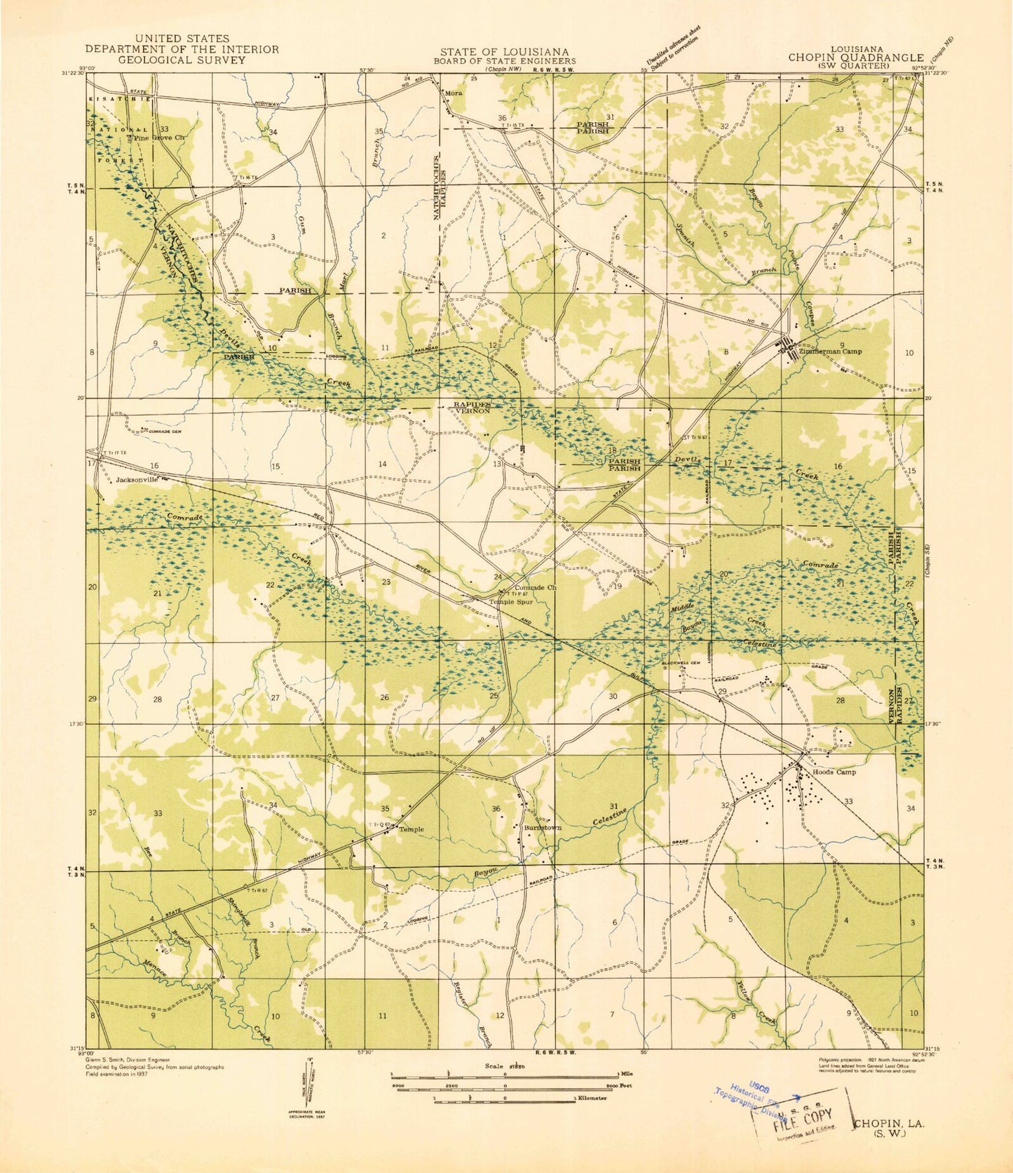 Classic USGS Temple Louisiana 7.5'x7.5' Topo Map Image