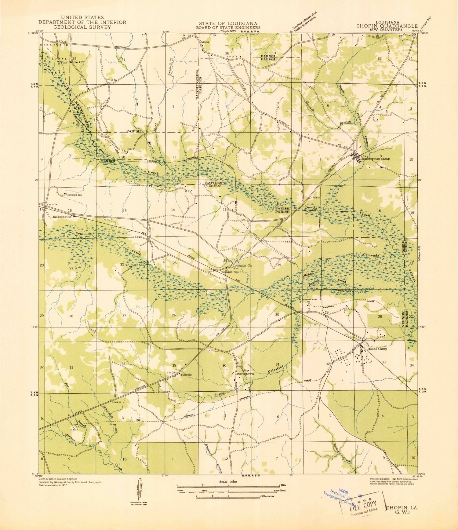Classic USGS Temple Louisiana 7.5'x7.5' Topo Map Image