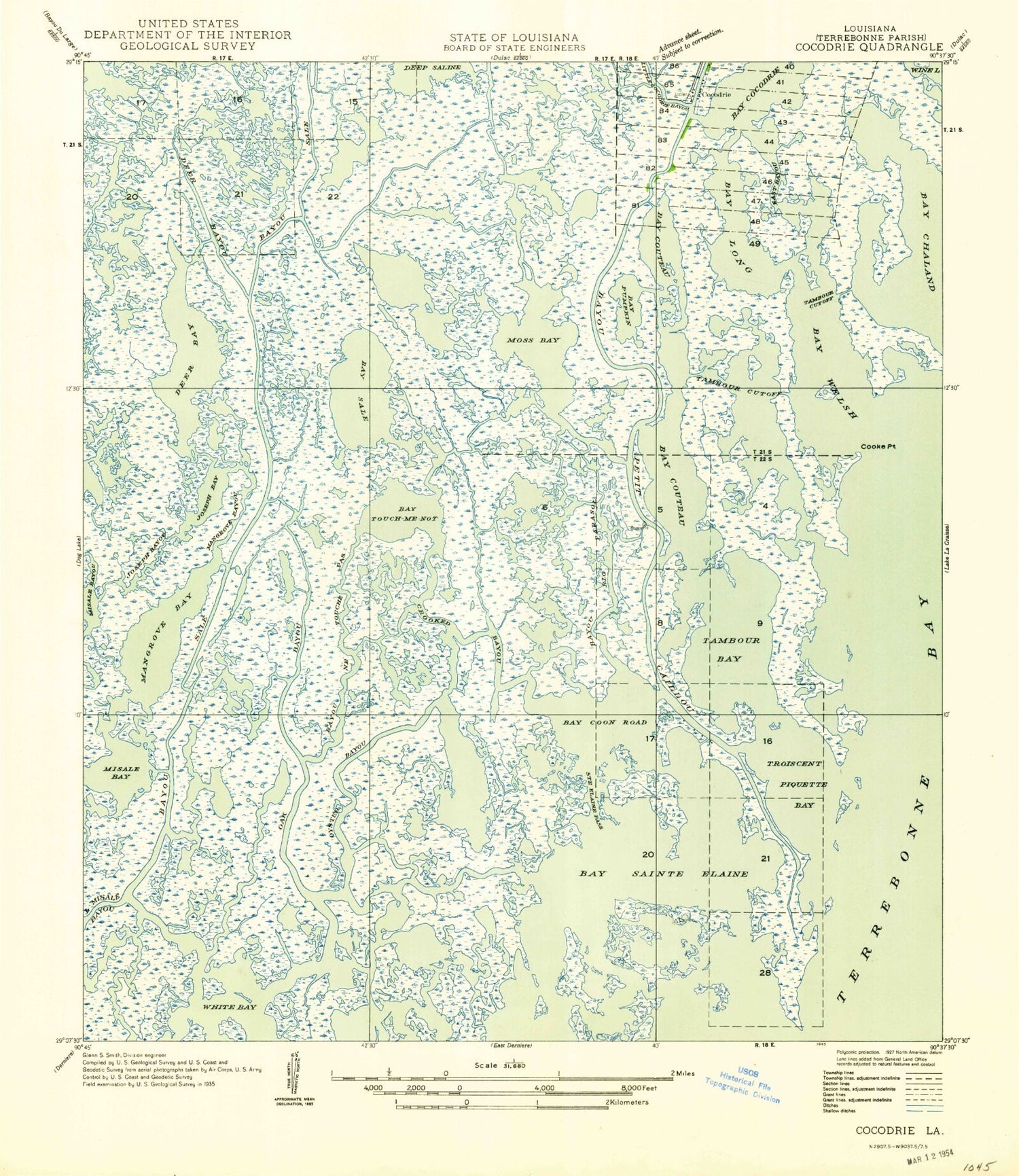 Classic USGS Cocodrie Louisiana 7.5'x7.5' Topo Map Image