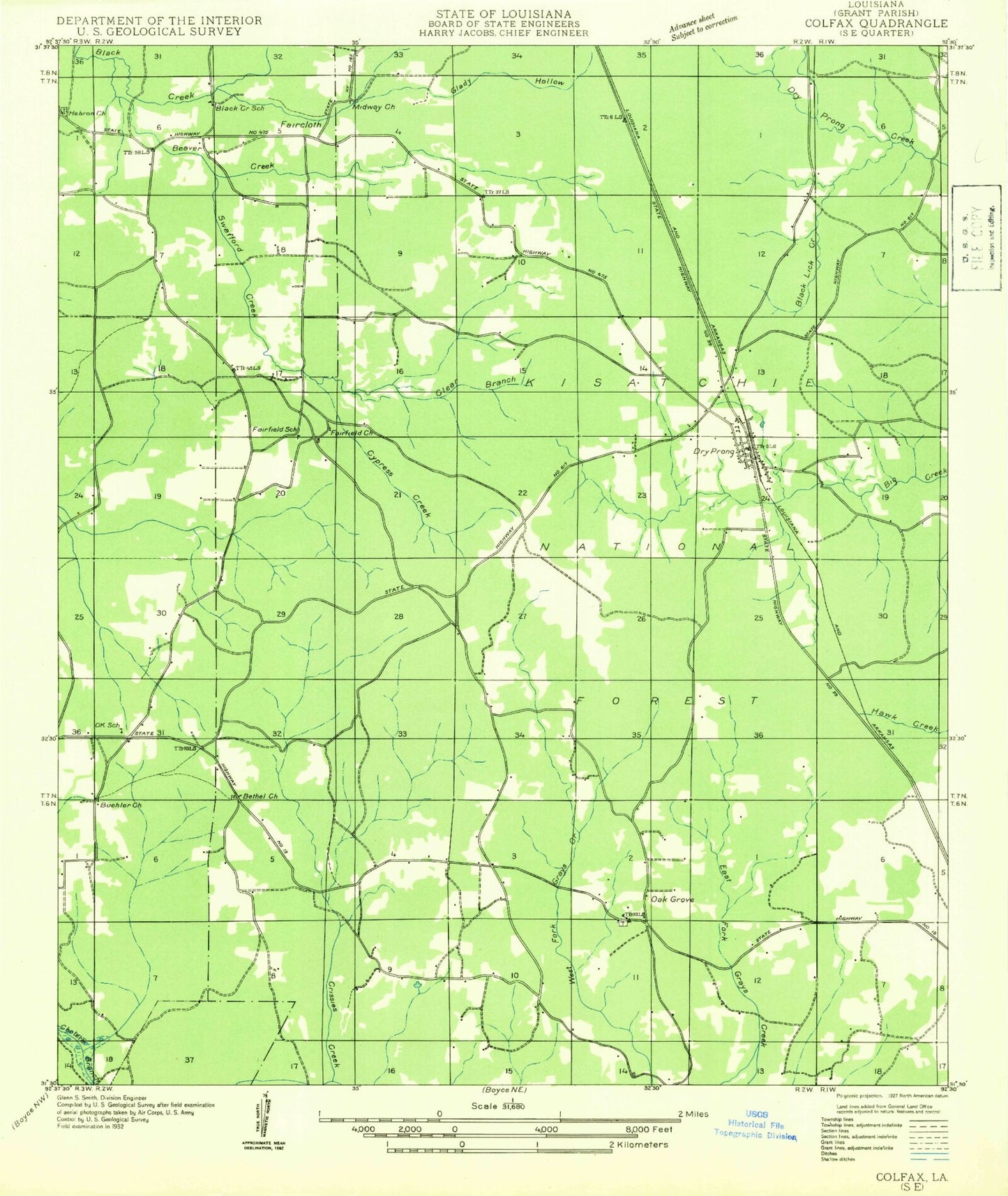 Classic USGS Dry Prong Louisiana 7.5'x7.5' Topo Map Image