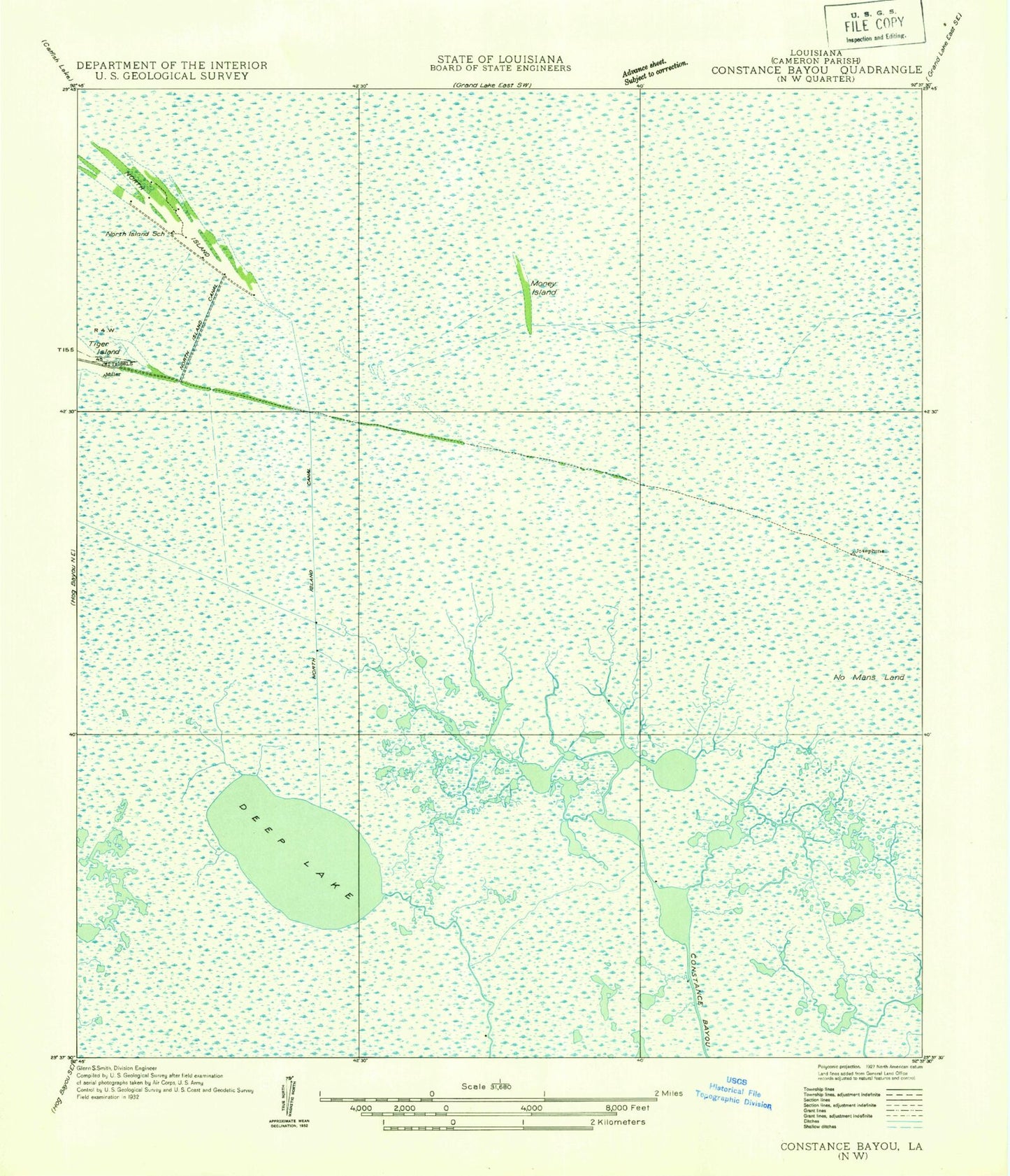 Classic USGS Deep Lake Louisiana 7.5'x7.5' Topo Map Image