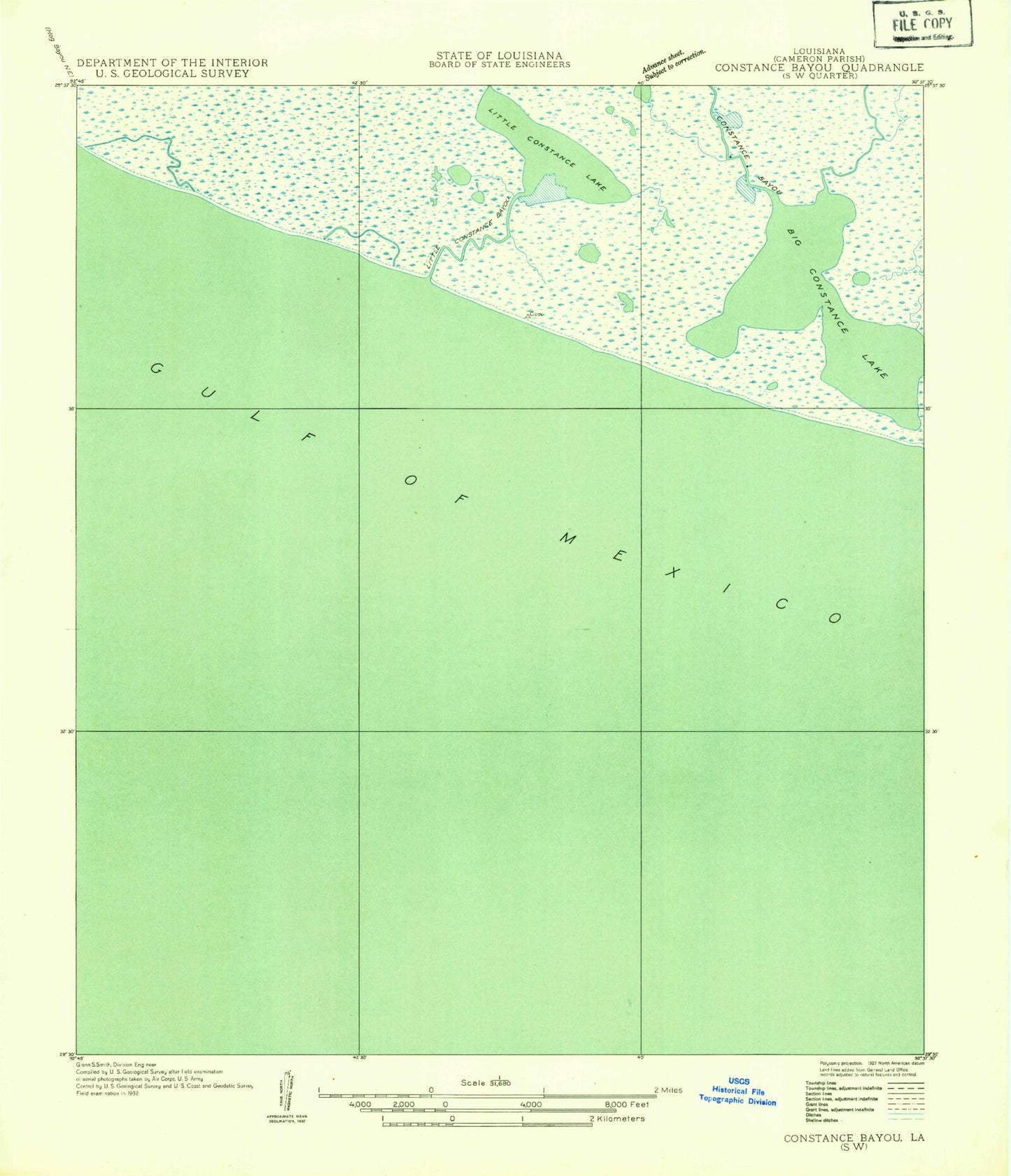 Classic USGS Big Constance Lake Louisiana 7.5'x7.5' Topo Map Image