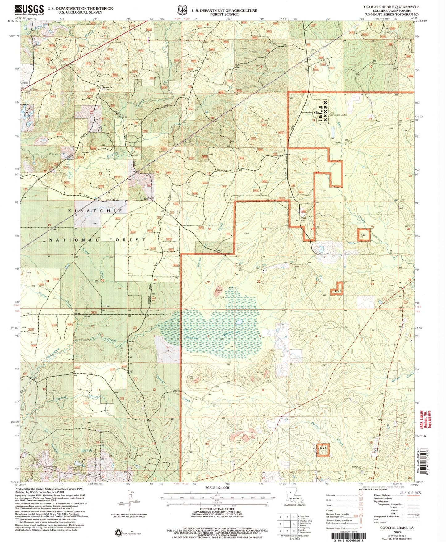 Classic USGS Coochie Brake Louisiana 7.5'x7.5' Topo Map Image