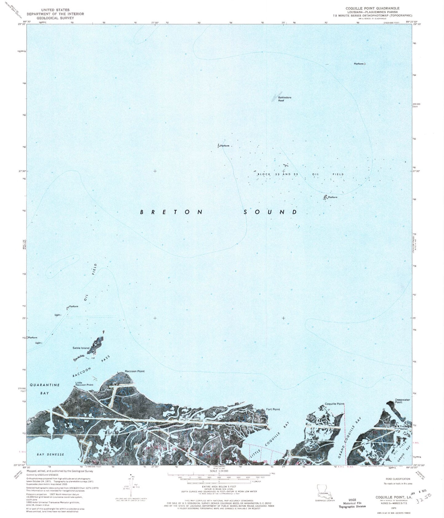Classic USGS Coquille Point Louisiana 7.5'x7.5' Topo Map Image