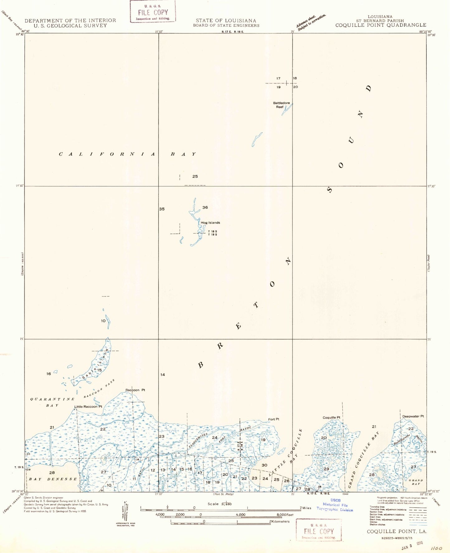 Classic USGS Coquille Point Louisiana 7.5'x7.5' Topo Map Image