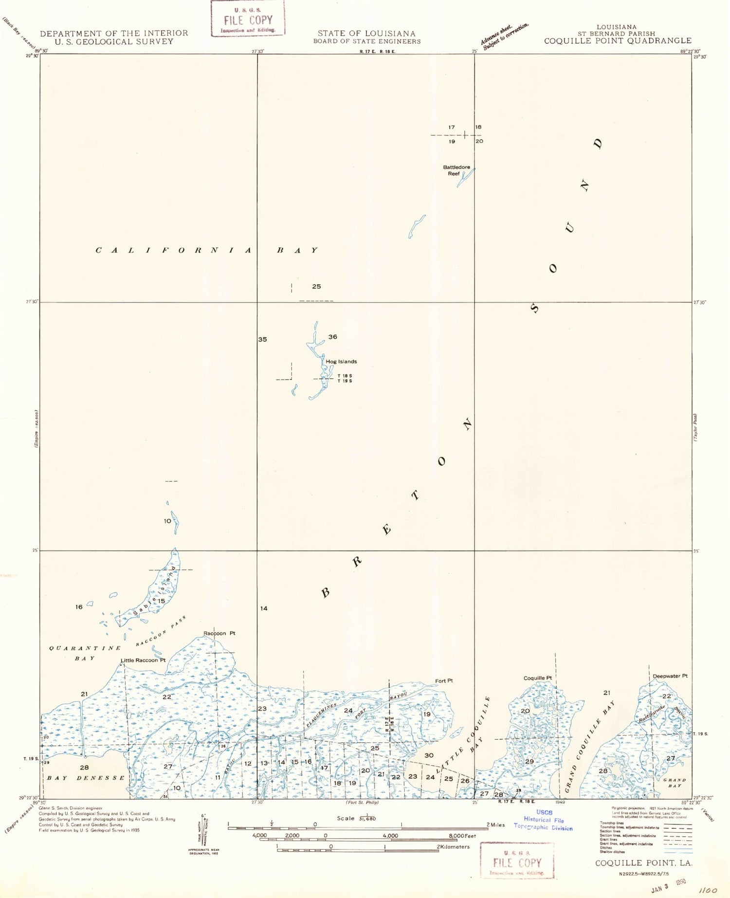 Classic USGS Coquille Point Louisiana 7.5'x7.5' Topo Map Image
