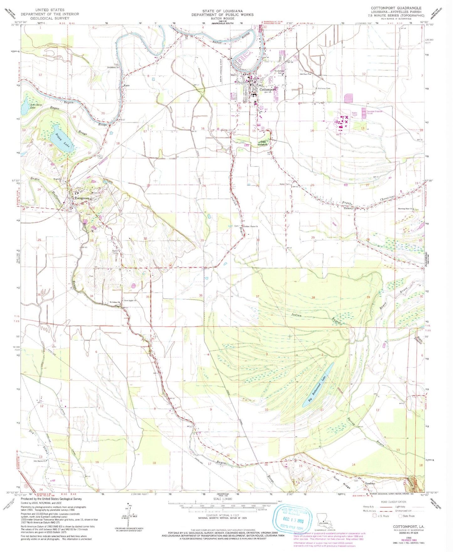 Classic USGS Cottonport Louisiana 7.5'x7.5' Topo Map Image